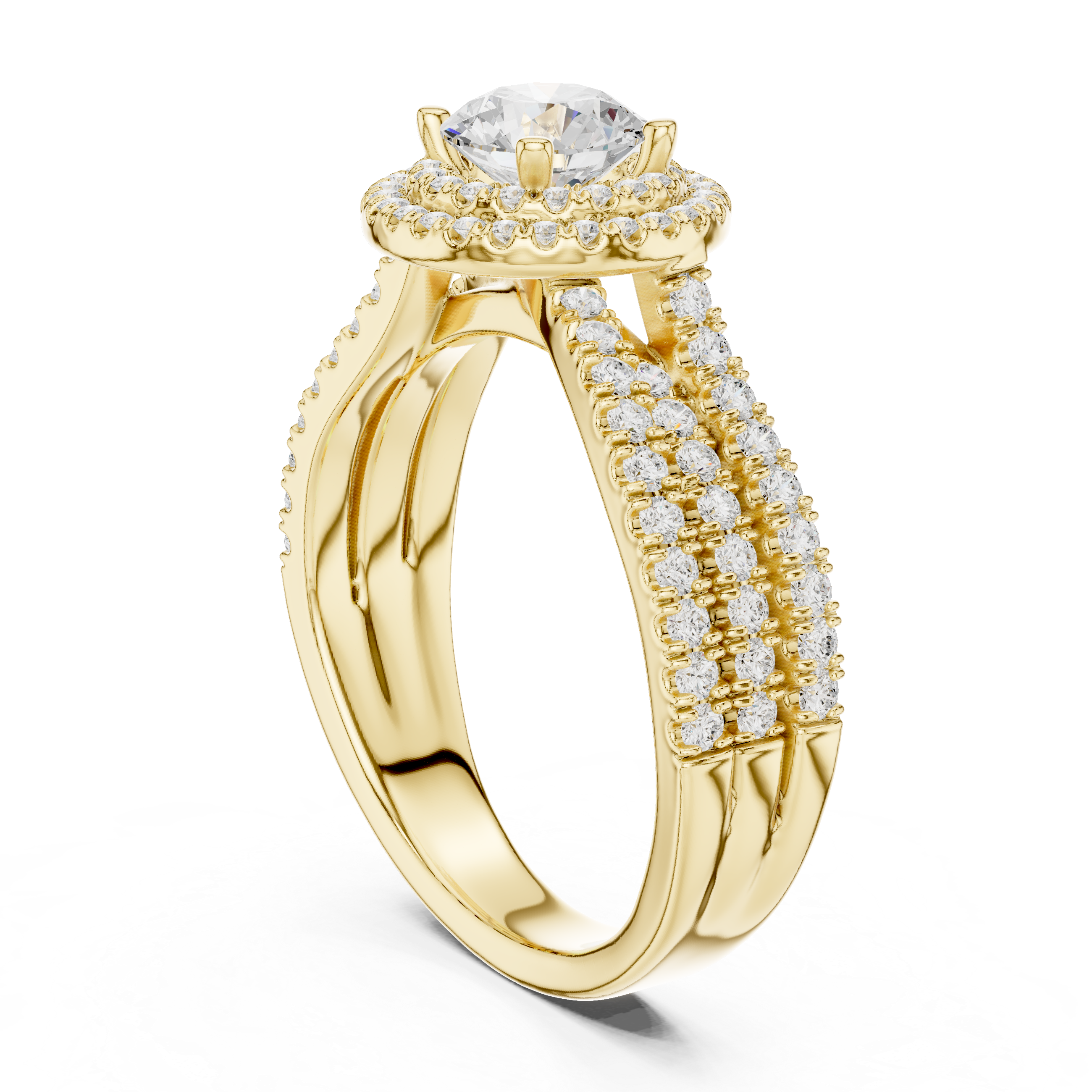 Double Halo Split Shank Engagement Ring – Luxury Round Diamond Bridal Ring
