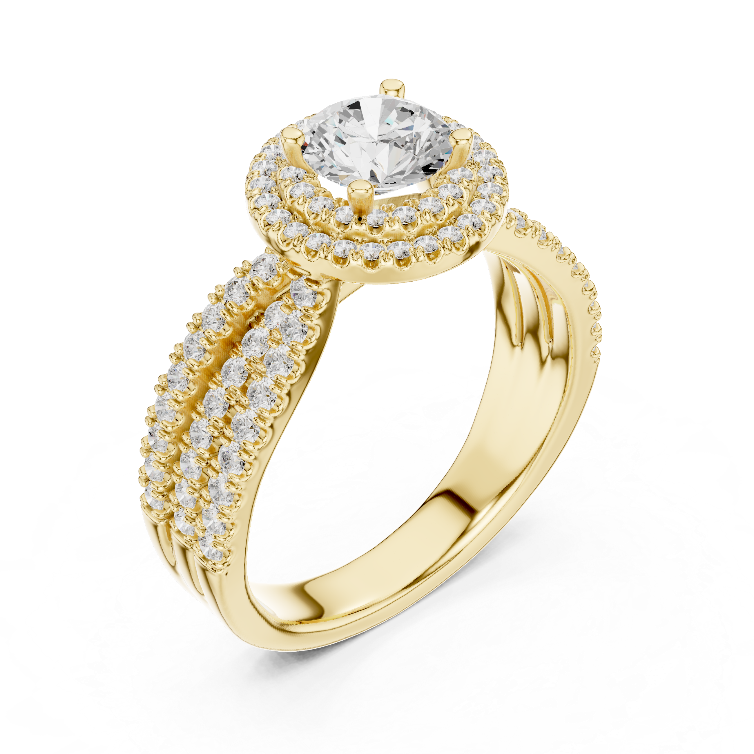 Double Halo Split Shank Engagement Ring – Luxury Round Diamond Bridal Ring