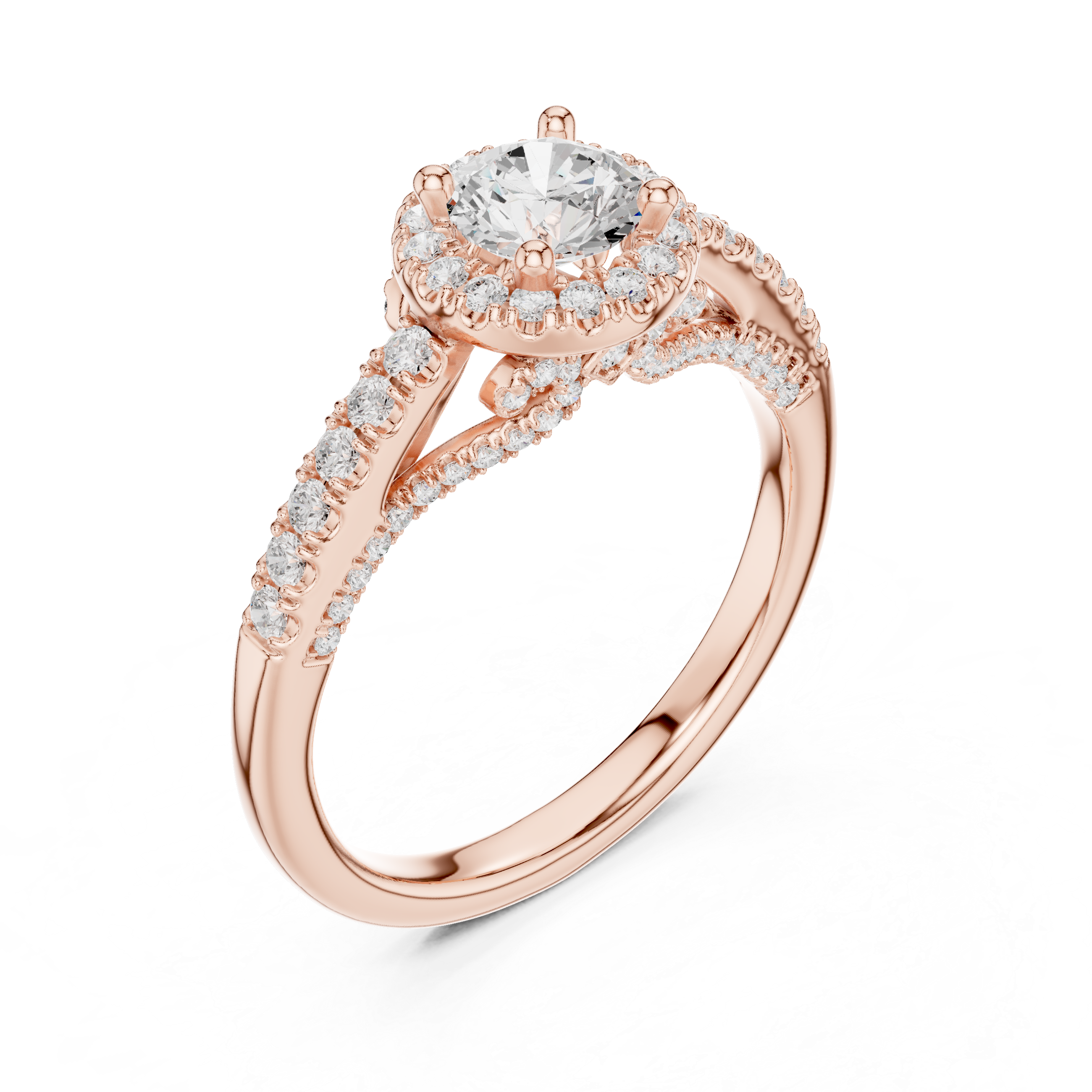 Vintage Inspired Halo Diamond Engagement Ring – Split Pavé Shank Bridal Ring