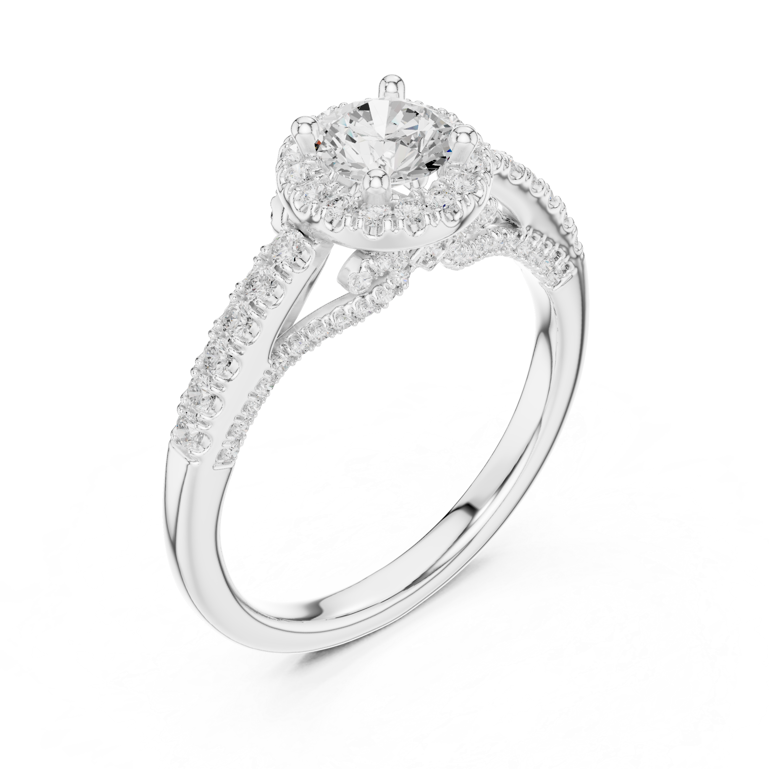 Vintage Inspired Halo Diamond Engagement Ring – Split Pavé Shank Bridal Ring