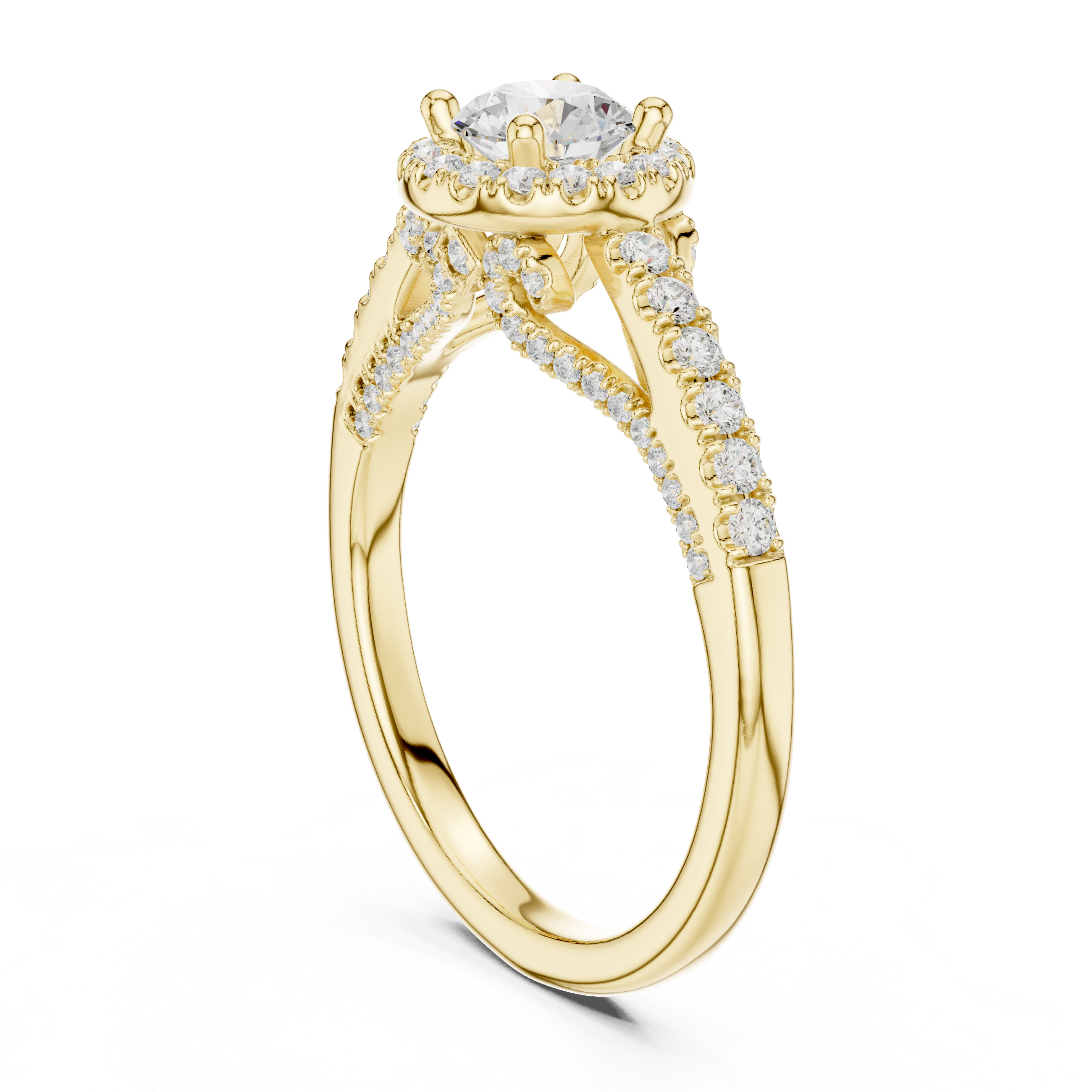 Vintage Inspired Halo Diamond Engagement Ring – Split Pavé Shank Bridal Ring