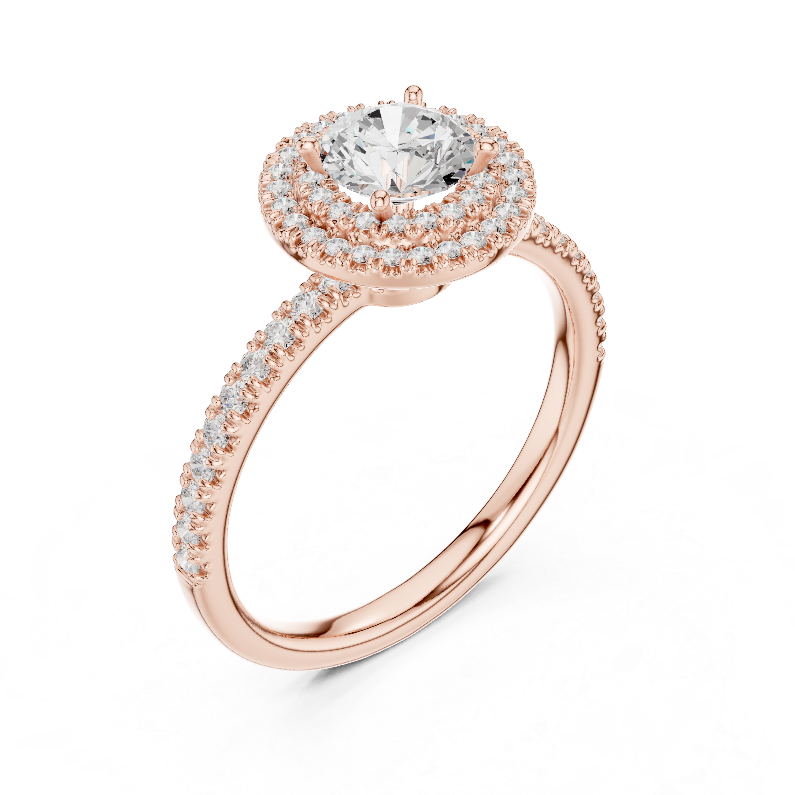 Double Halo Diamond Engagement Ring – Round Cut Pavé Bridal Ring