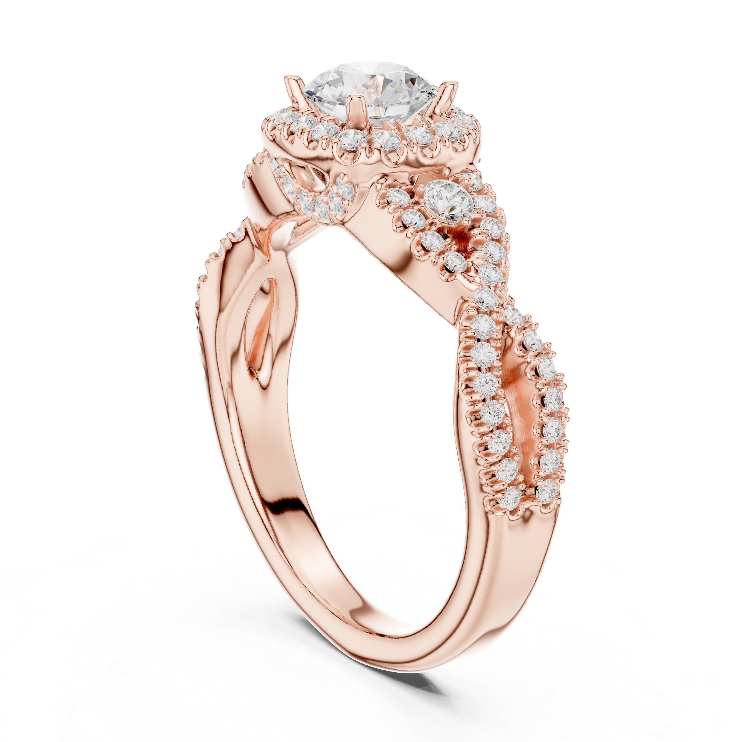 Vintage Halo Diamond Engagement Ring – Twisted Pavé Bridal Ring with Milgrain Details