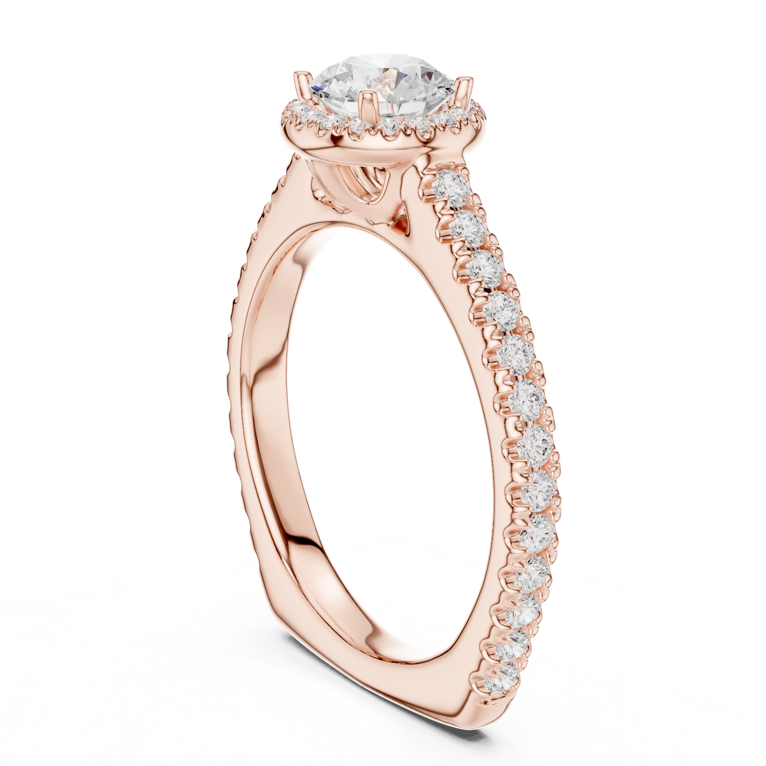 Round Halo Diamond Engagement Ring – Pavé Band Bridal Ring with Hidden Gallery