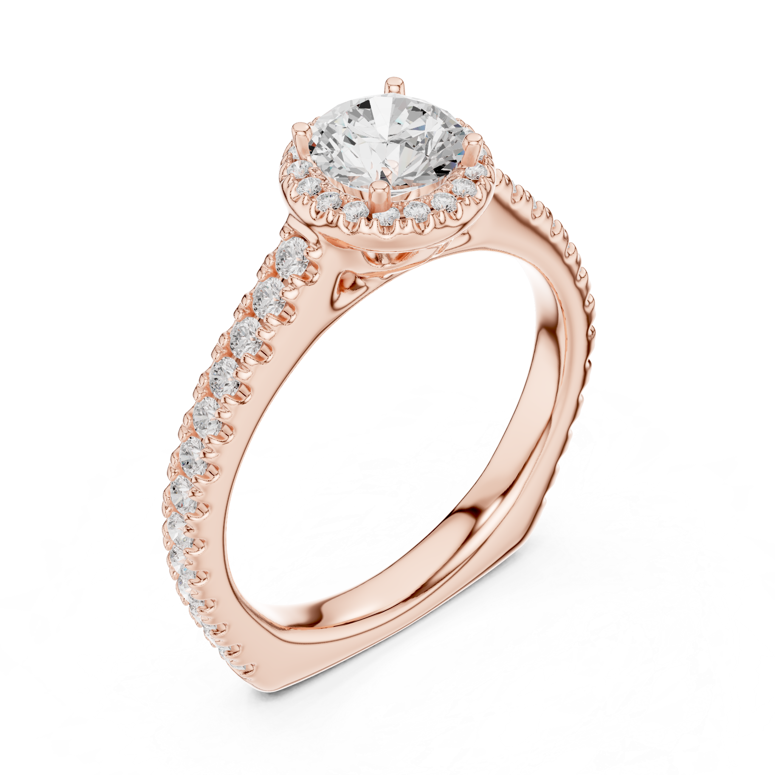 Round Halo Diamond Engagement Ring – Pavé Band Bridal Ring with Hidden Gallery