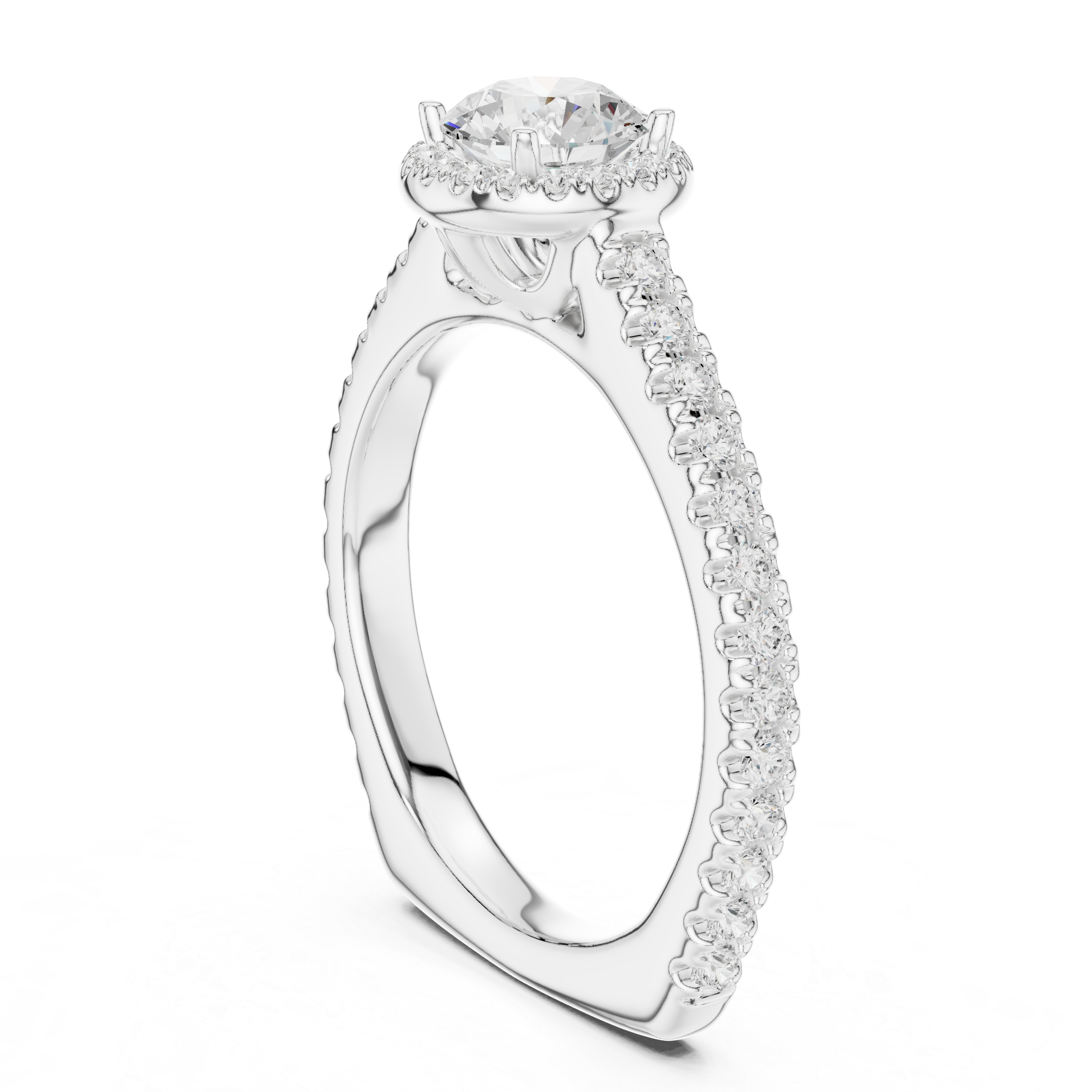 Round Halo Diamond Engagement Ring – Pavé Band Bridal Ring with Hidden Gallery