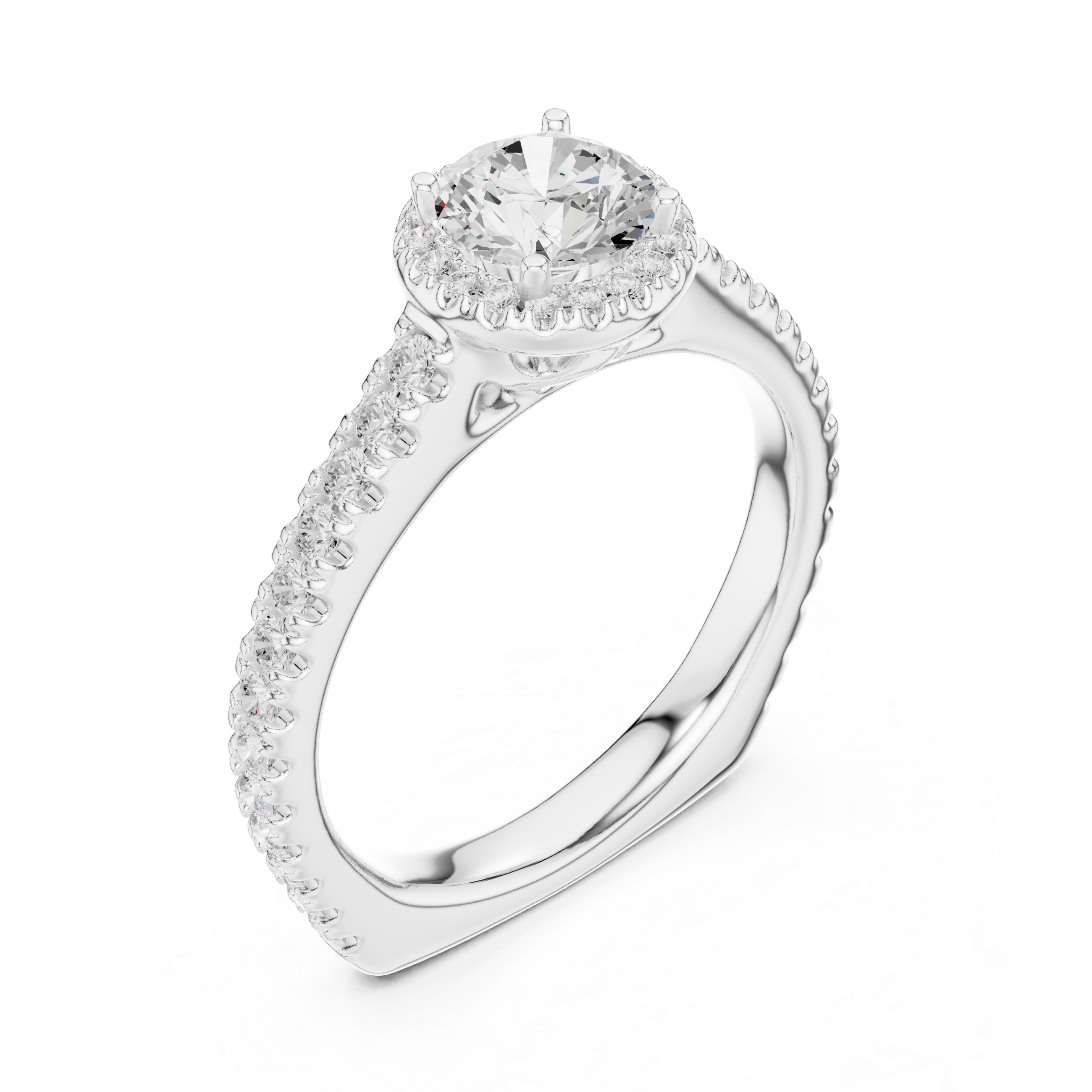 Round Halo Diamond Engagement Ring – Pavé Band Bridal Ring with Hidden Gallery