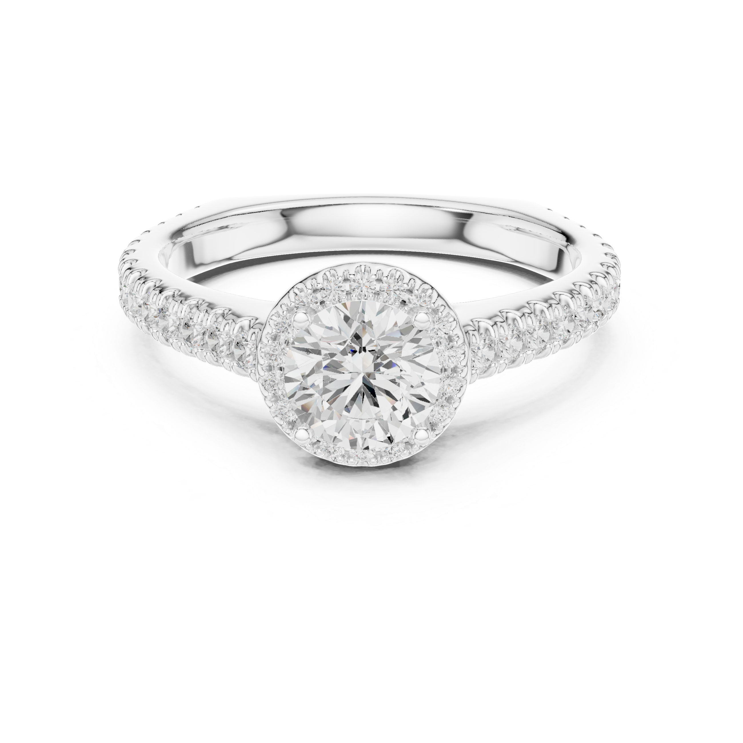 Round Halo Diamond Engagement Ring – Pavé Band Bridal Ring with Hidden Gallery