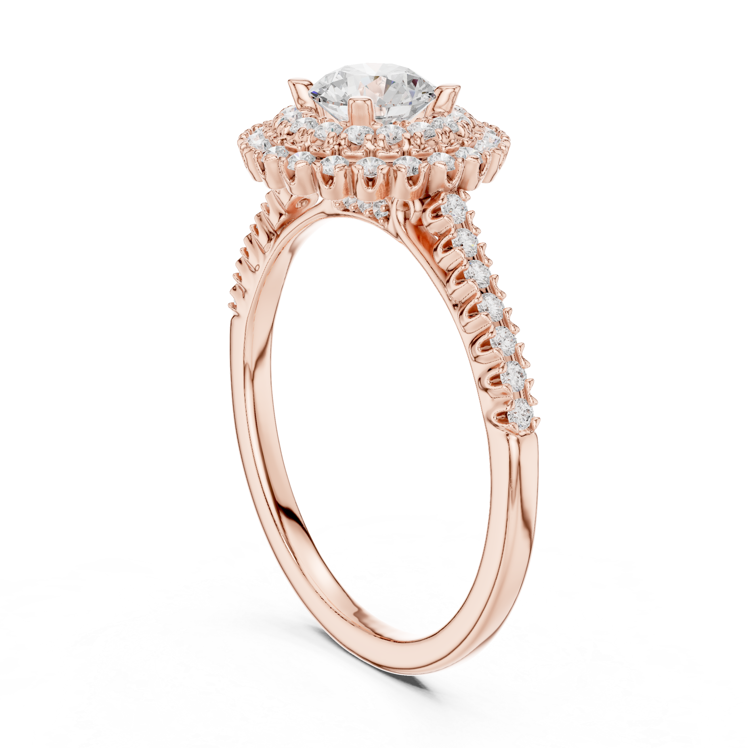 Vintage Double Halo Diamond Engagement Ring – Round Cut Pavé Bridal Ring with Milgrain Details