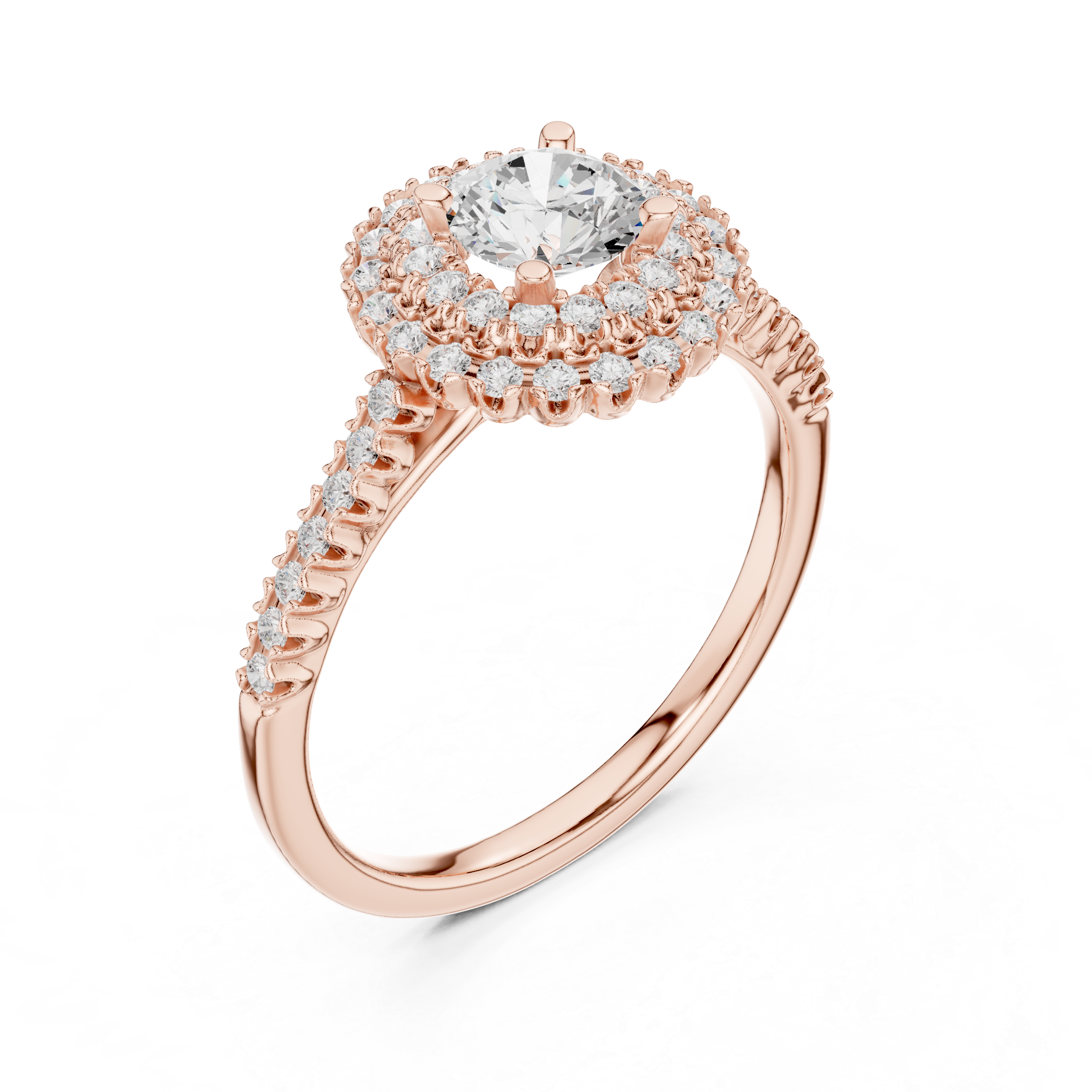 Vintage Double Halo Diamond Engagement Ring – Round Cut Pavé Bridal Ring with Milgrain Details
