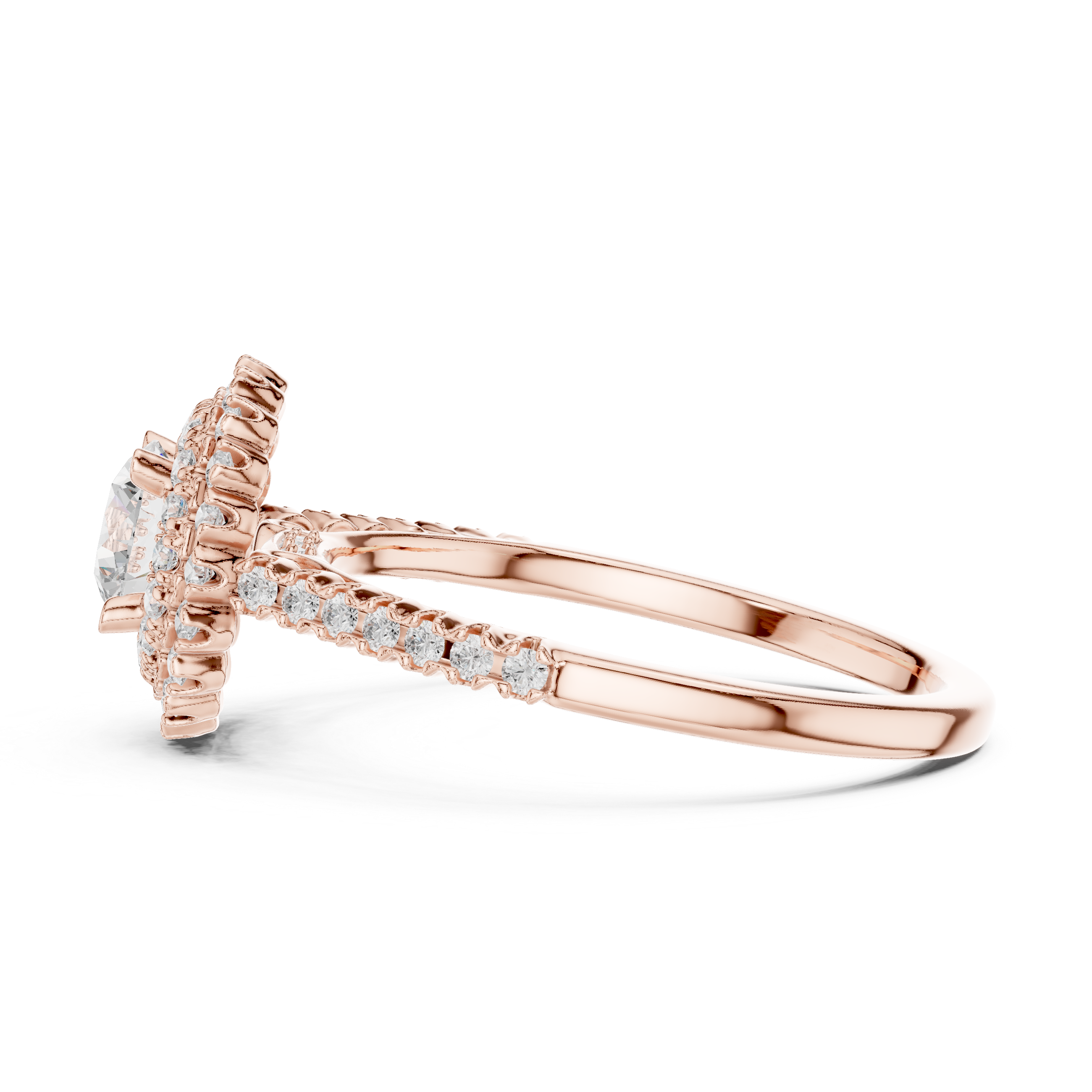 Vintage Double Halo Diamond Engagement Ring – Round Cut Pavé Bridal Ring with Milgrain Details