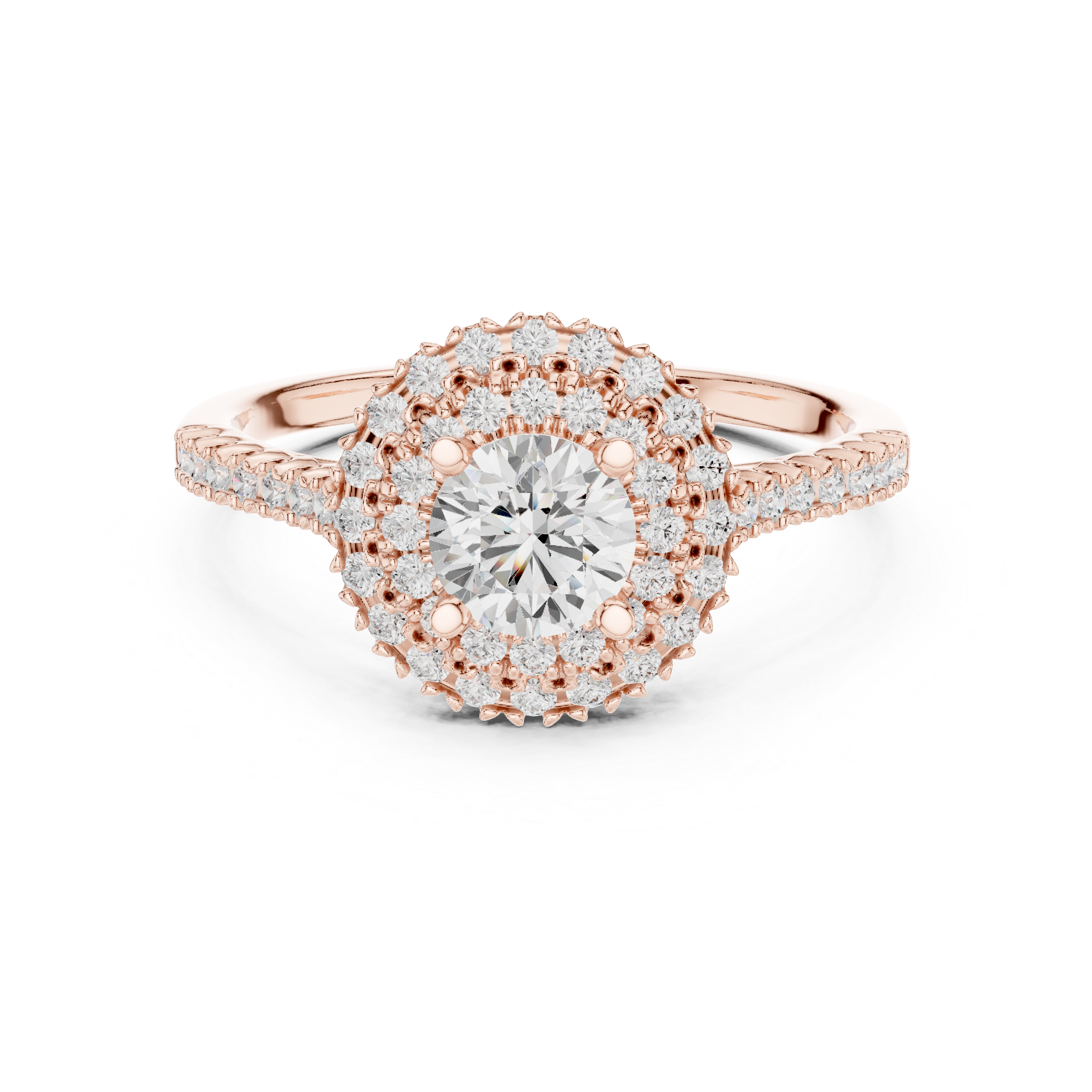 Vintage Double Halo Diamond Engagement Ring – Round Cut Pavé Bridal Ring with Milgrain Details