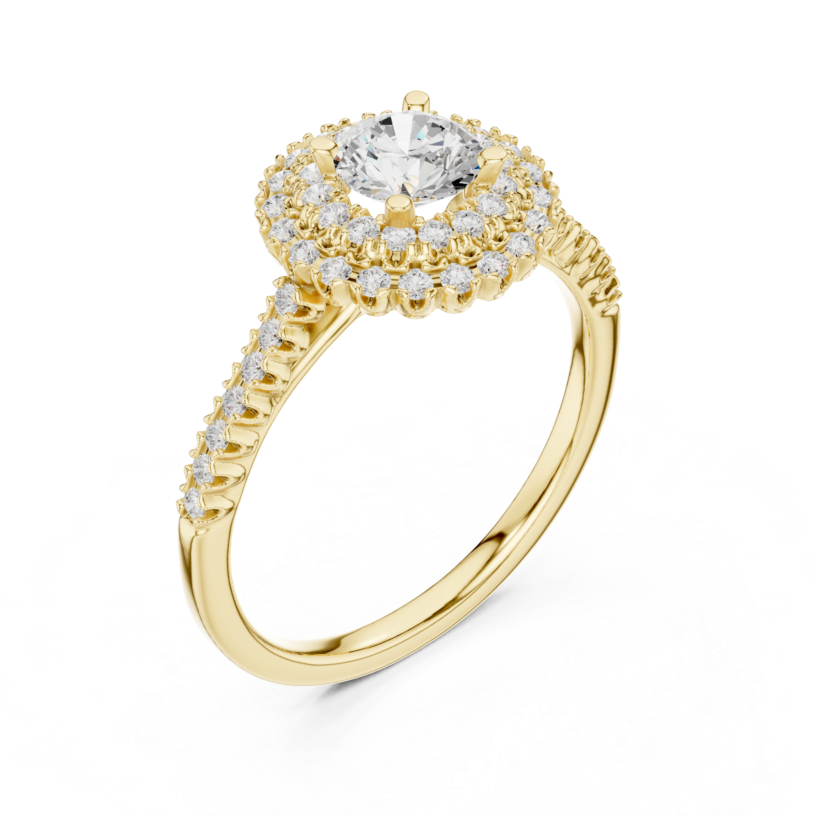 Vintage Double Halo Diamond Engagement Ring – Round Cut Pavé Bridal Ring with Milgrain Details