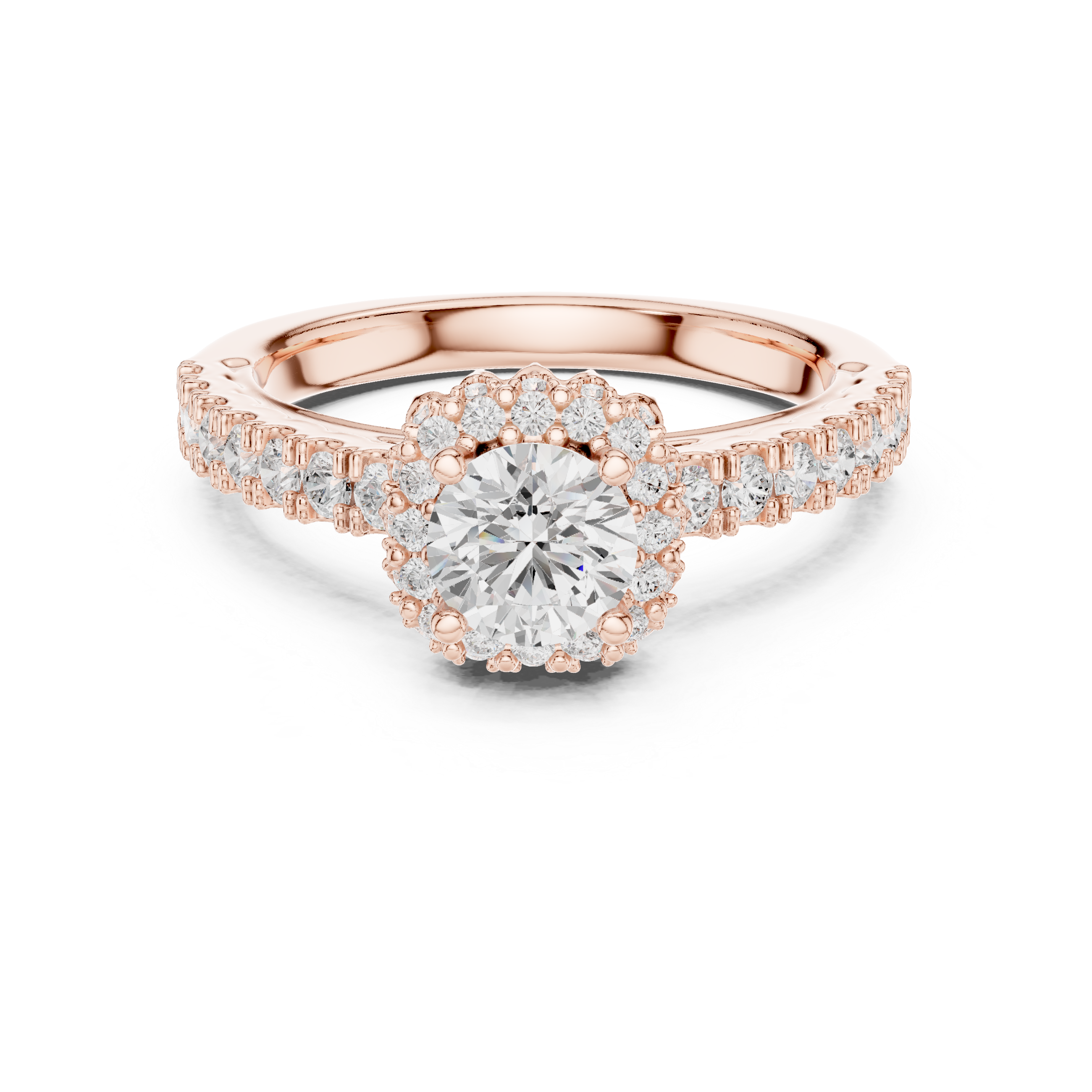 Vintage Floral Halo Engagement Ring – Round Diamond Solitaire with Pavé Band