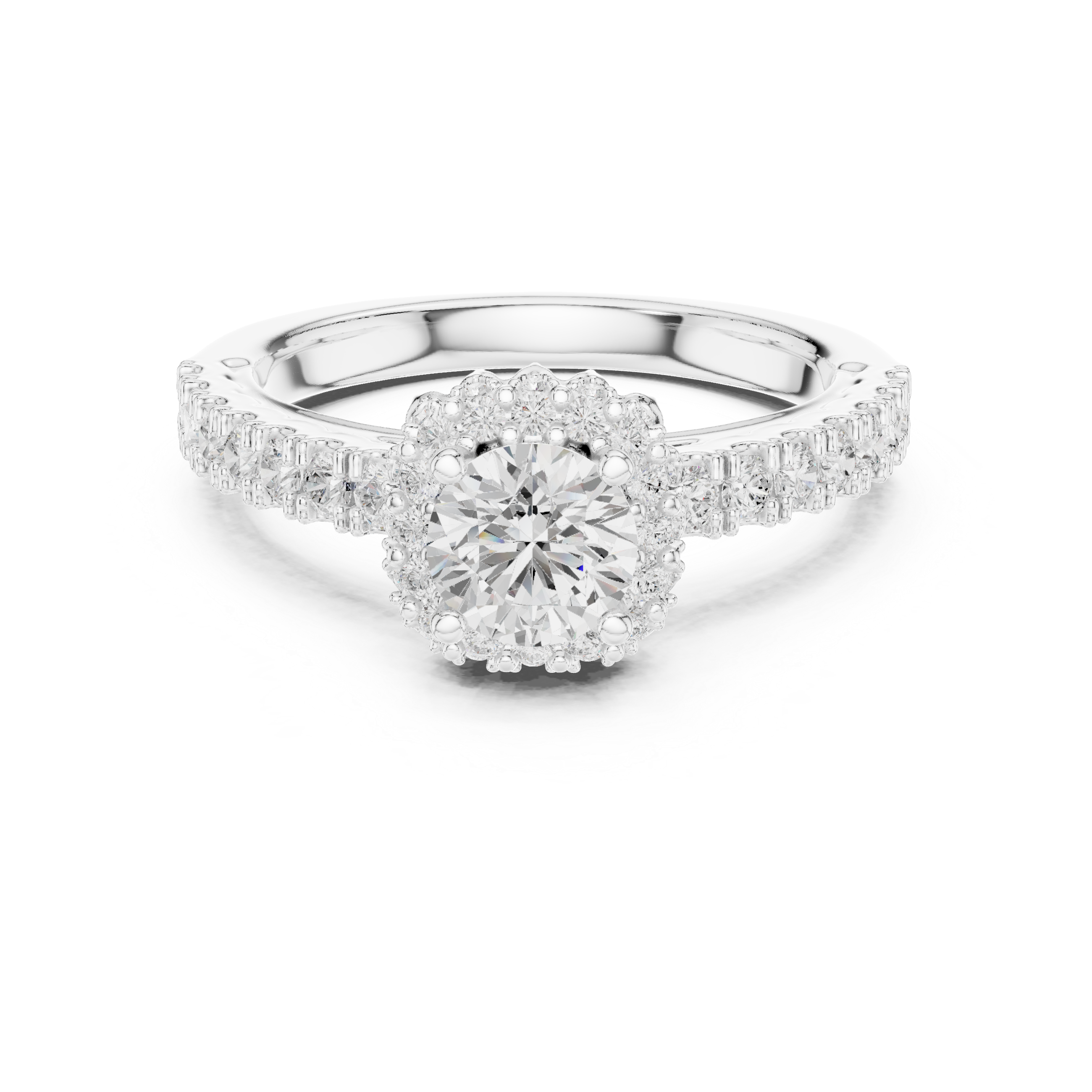 Vintage Floral Halo Engagement Ring – Round Diamond Solitaire with Pavé Band