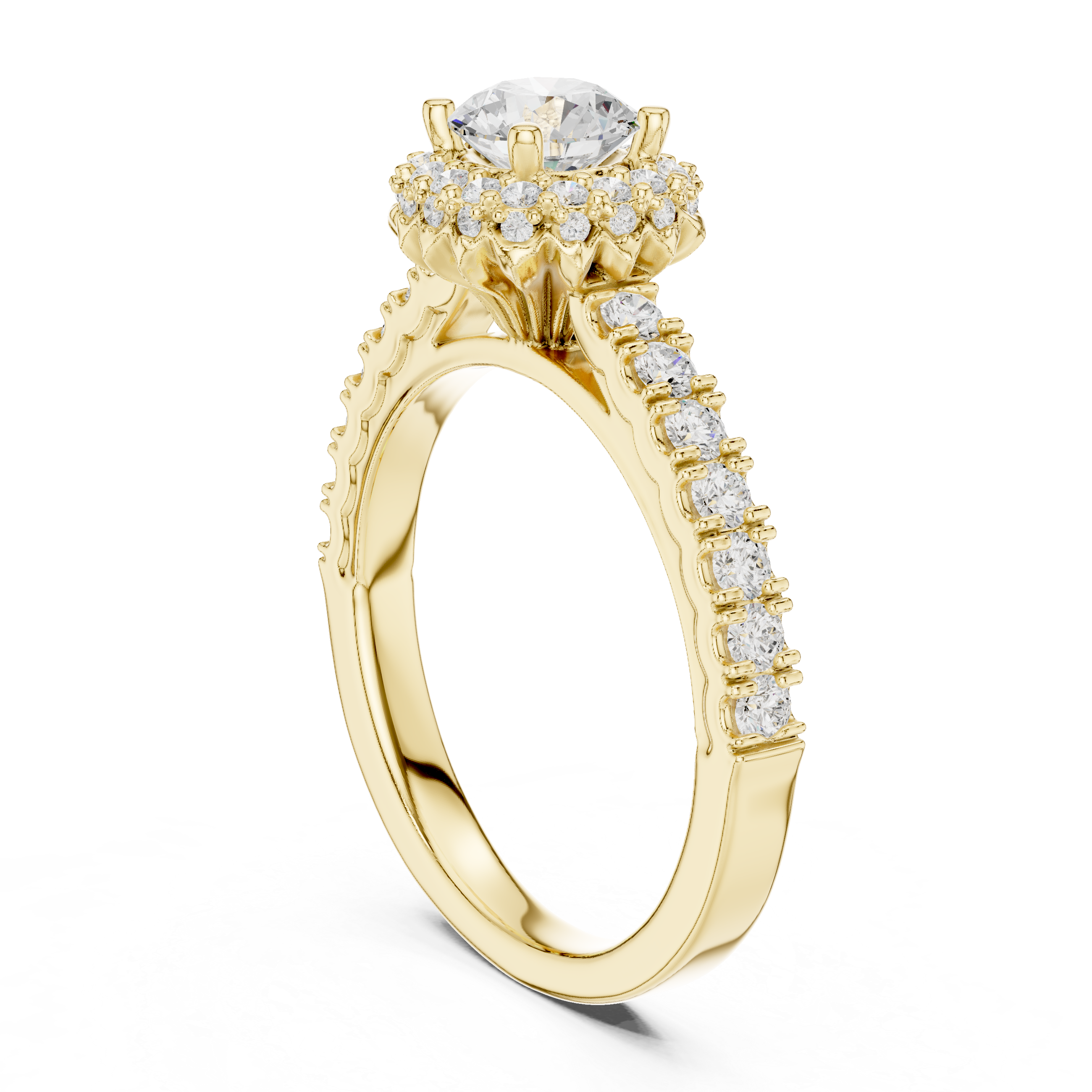 Vintage Floral Halo Engagement Ring – Round Diamond Solitaire with Pavé Band