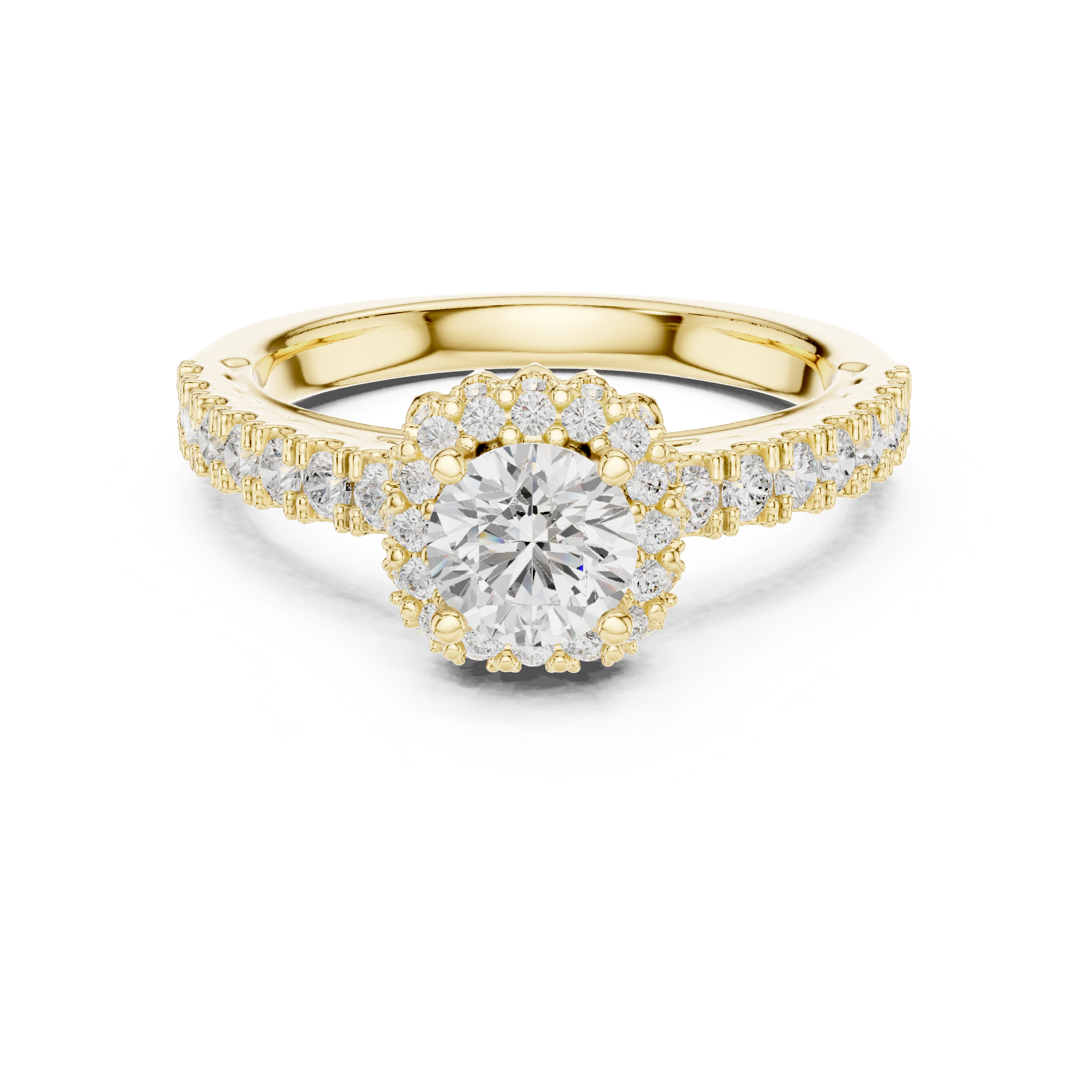 Vintage Floral Halo Engagement Ring – Round Diamond Solitaire with Pavé Band