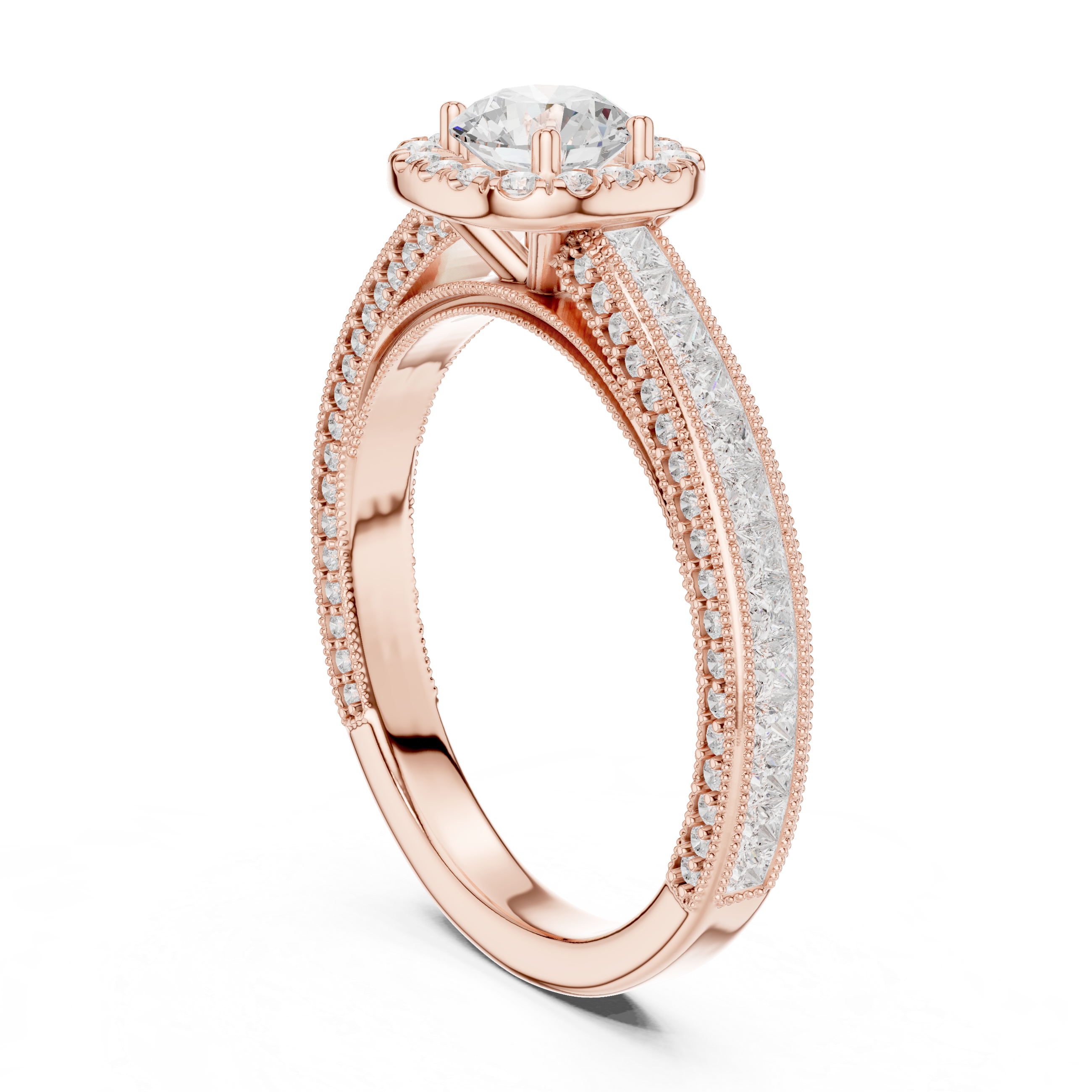 Vintage Halo Engagement Ring with Princess Cut Channel Band – Round Diamond Solitaire Bridal Ring
