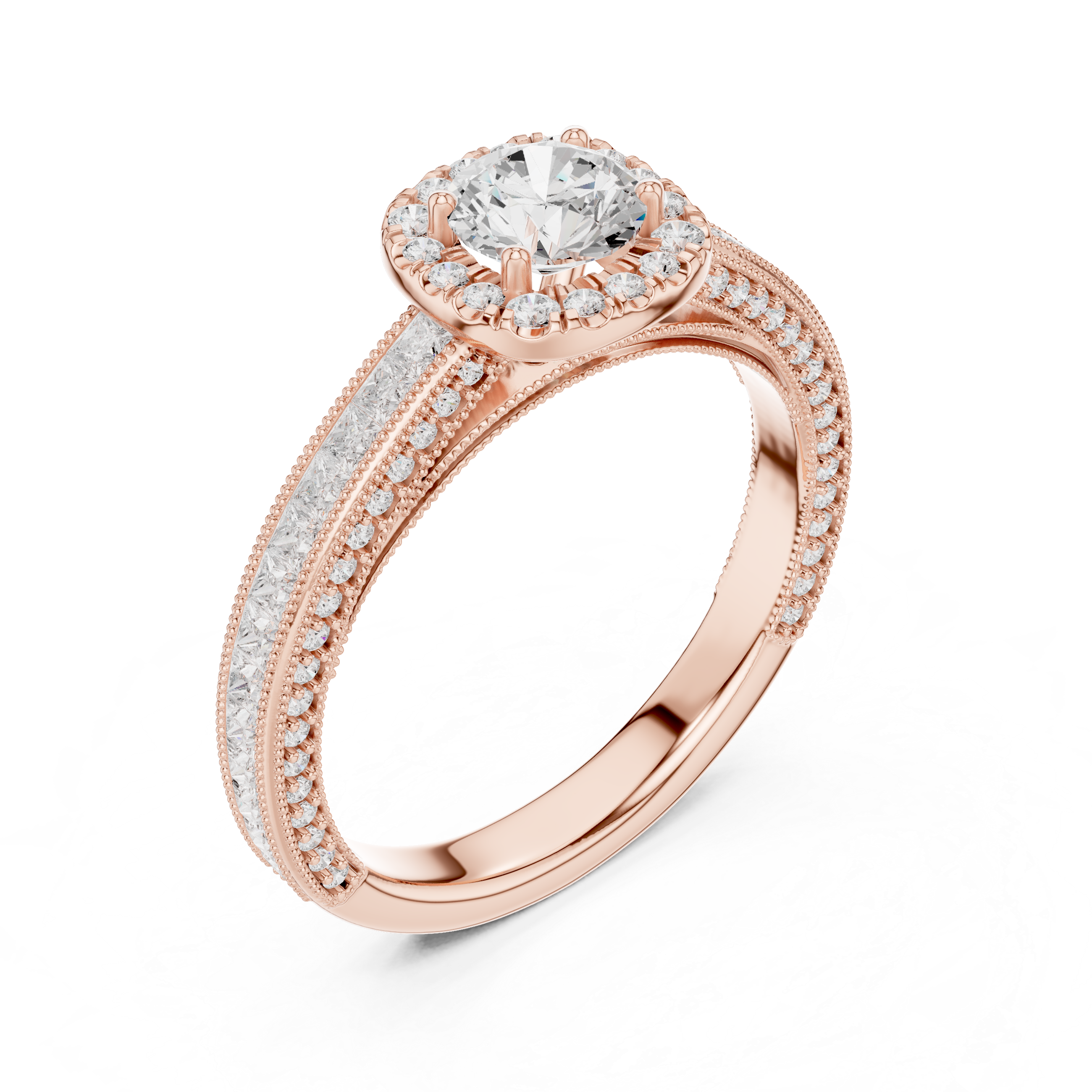 Vintage Halo Engagement Ring with Princess Cut Channel Band – Round Diamond Solitaire Bridal Ring