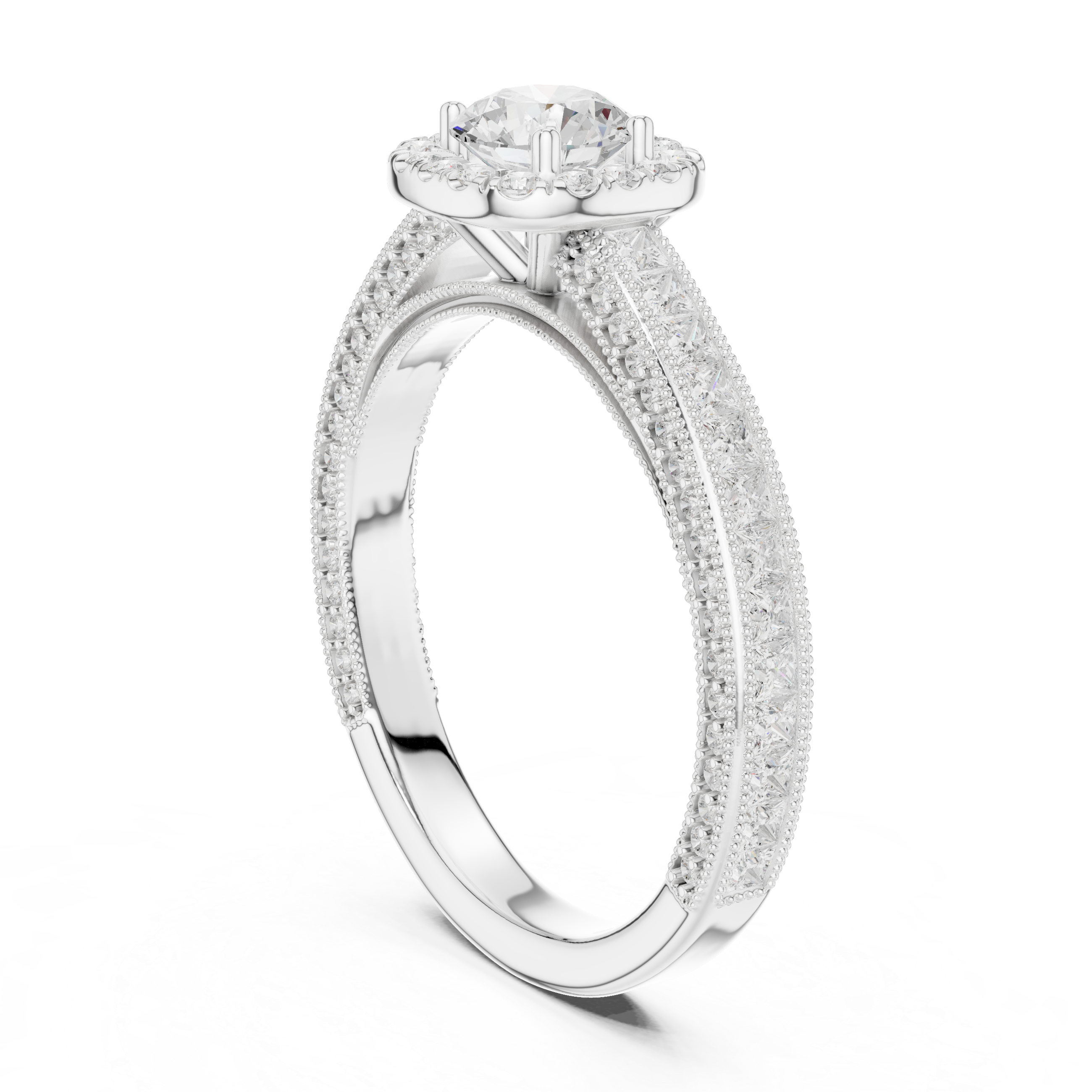 Vintage Halo Engagement Ring with Princess Cut Channel Band – Round Diamond Solitaire Bridal Ring