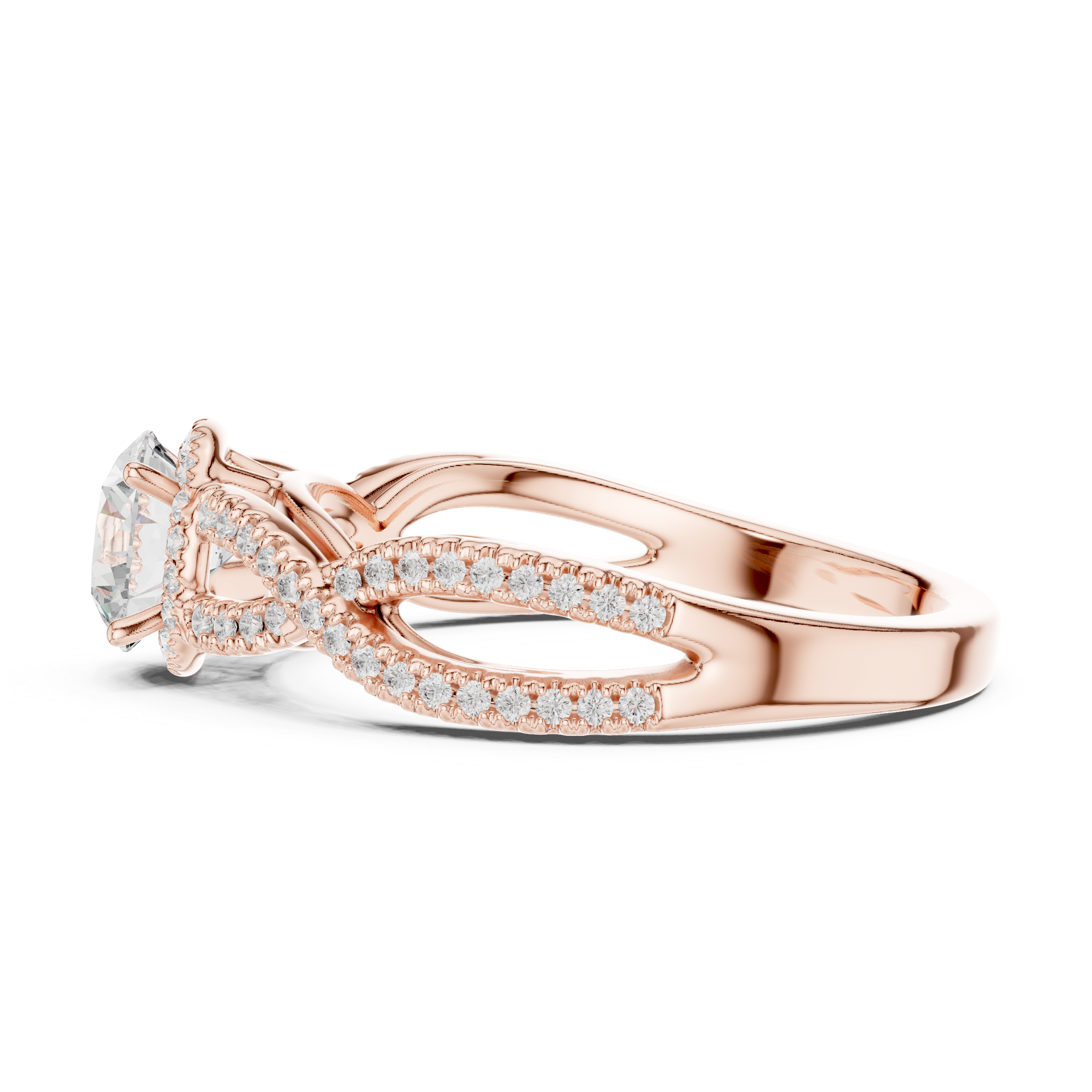 Infinity Twist Diamond Engagement Ring – Twisted Pavé Solitaire Bridal Ring with Round Center Stone