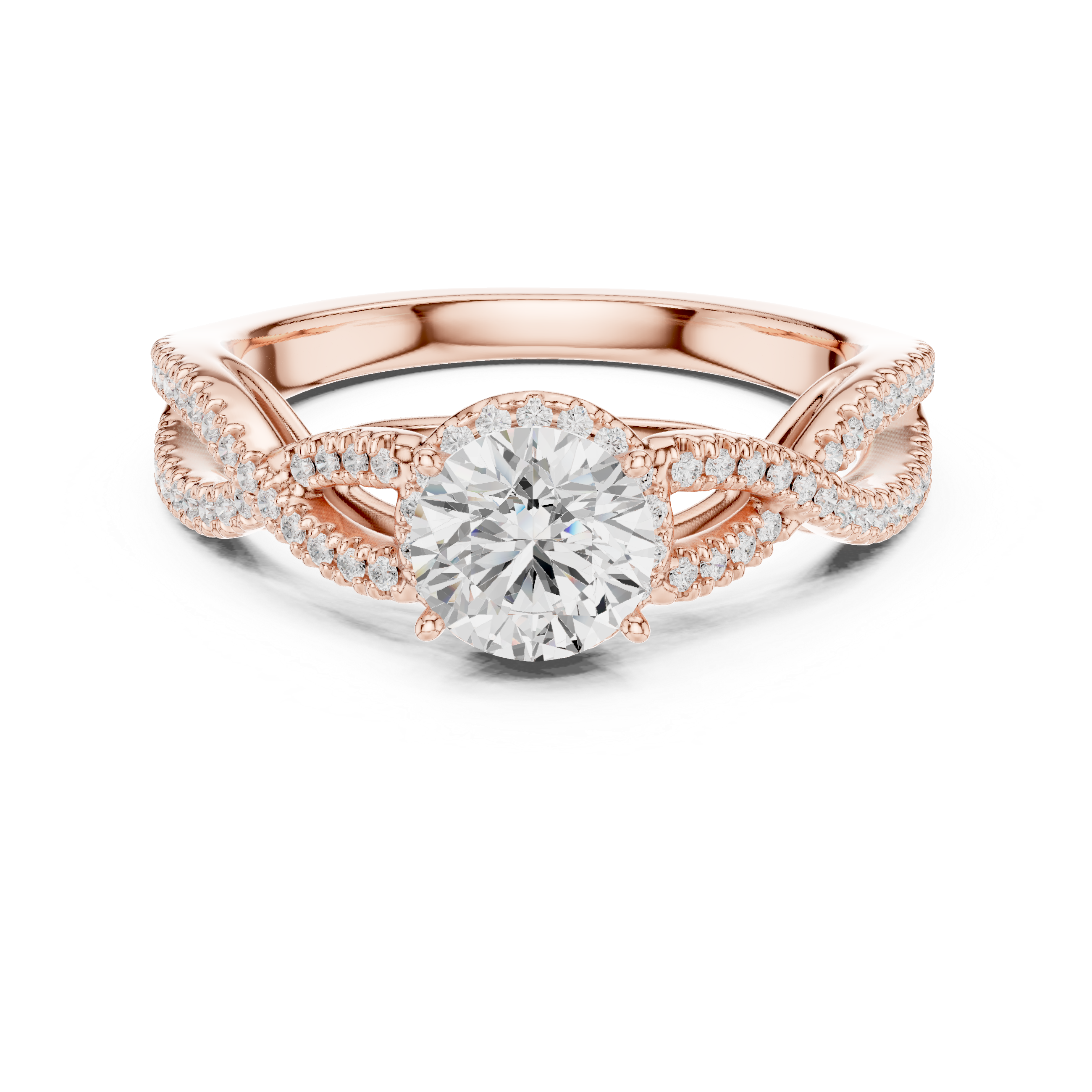 Infinity Twist Diamond Engagement Ring – Twisted Pavé Solitaire Bridal Ring with Round Center Stone