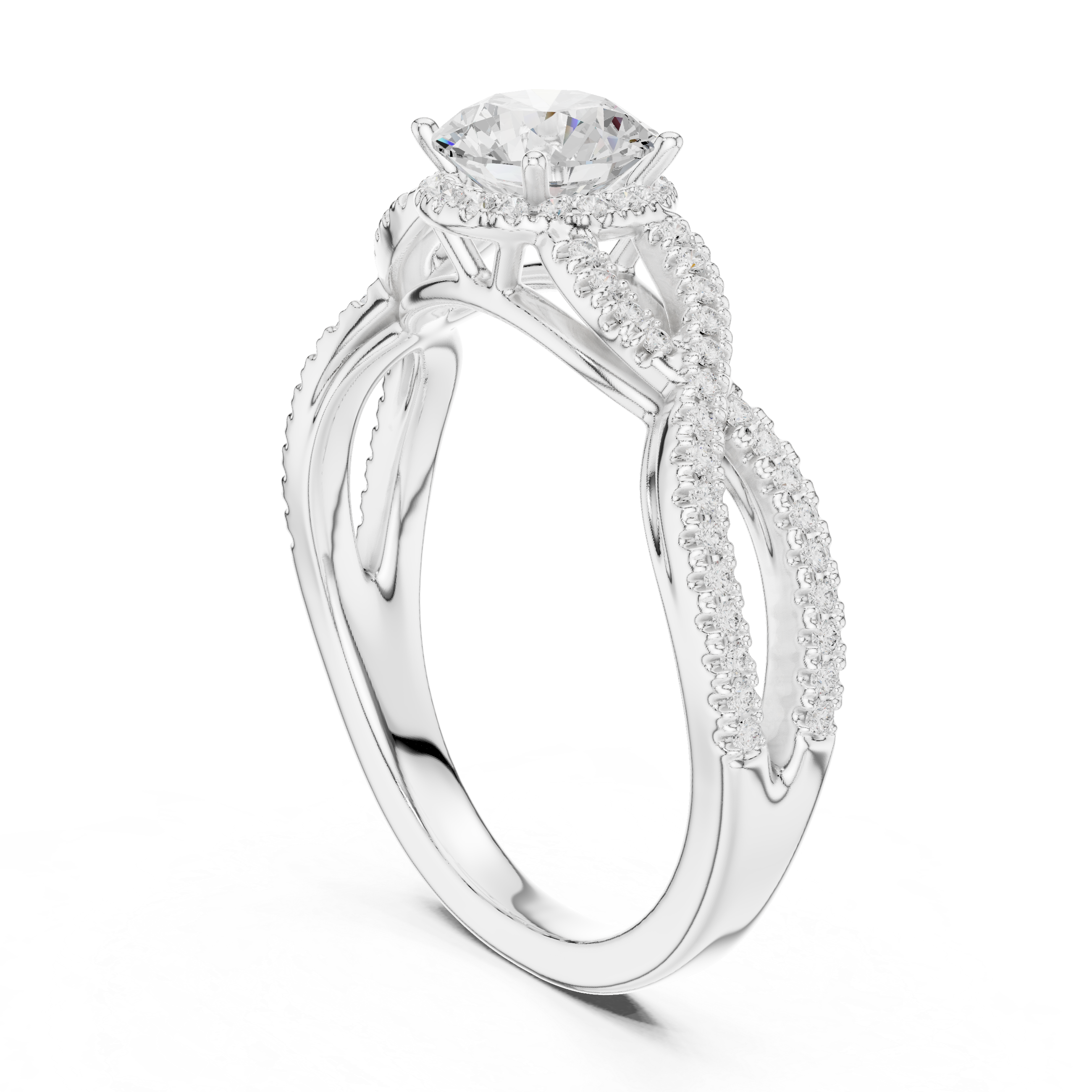 Infinity Twist Diamond Engagement Ring – Twisted Pavé Solitaire Bridal Ring with Round Center Stone