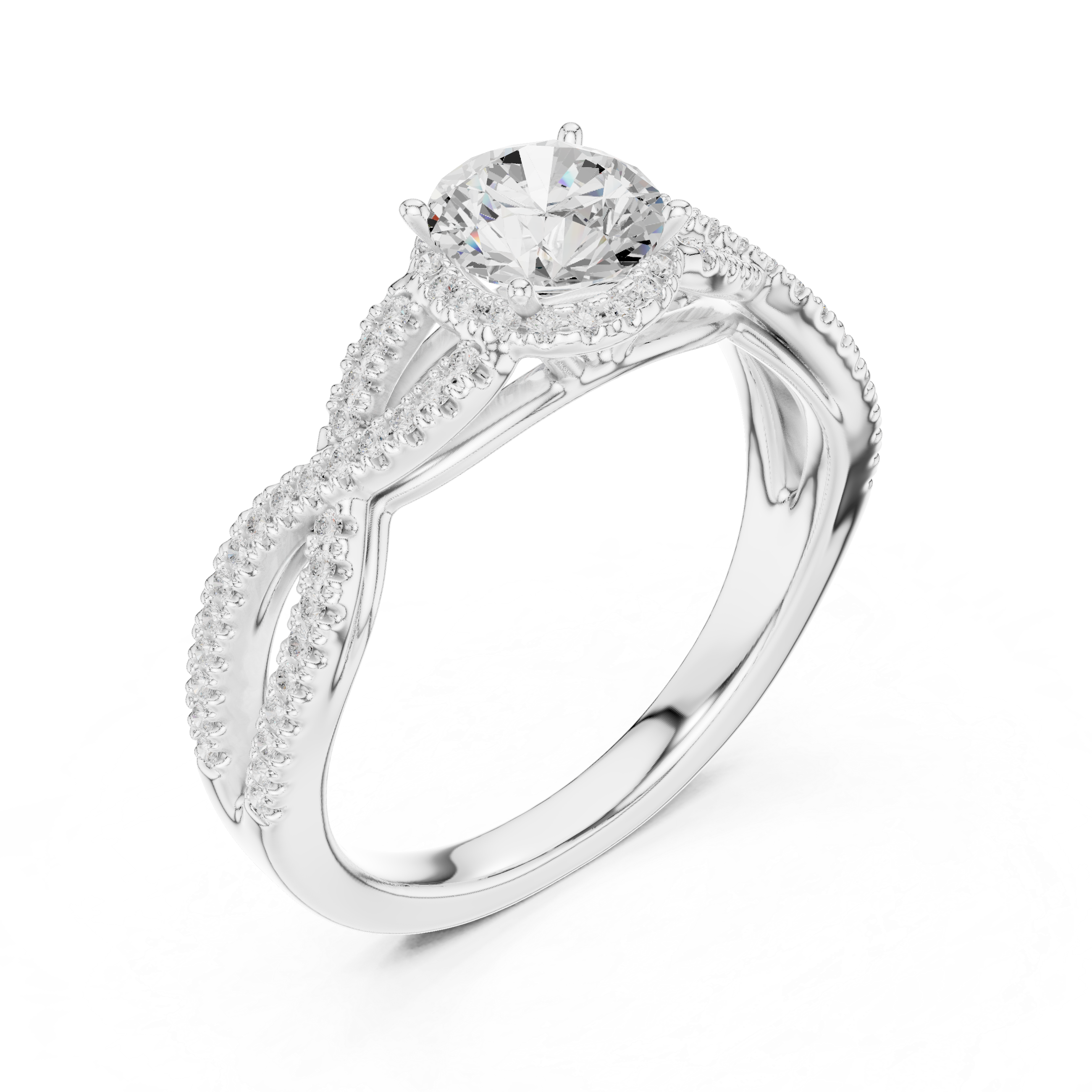 Infinity Twist Diamond Engagement Ring – Twisted Pavé Solitaire Bridal Ring with Round Center Stone
