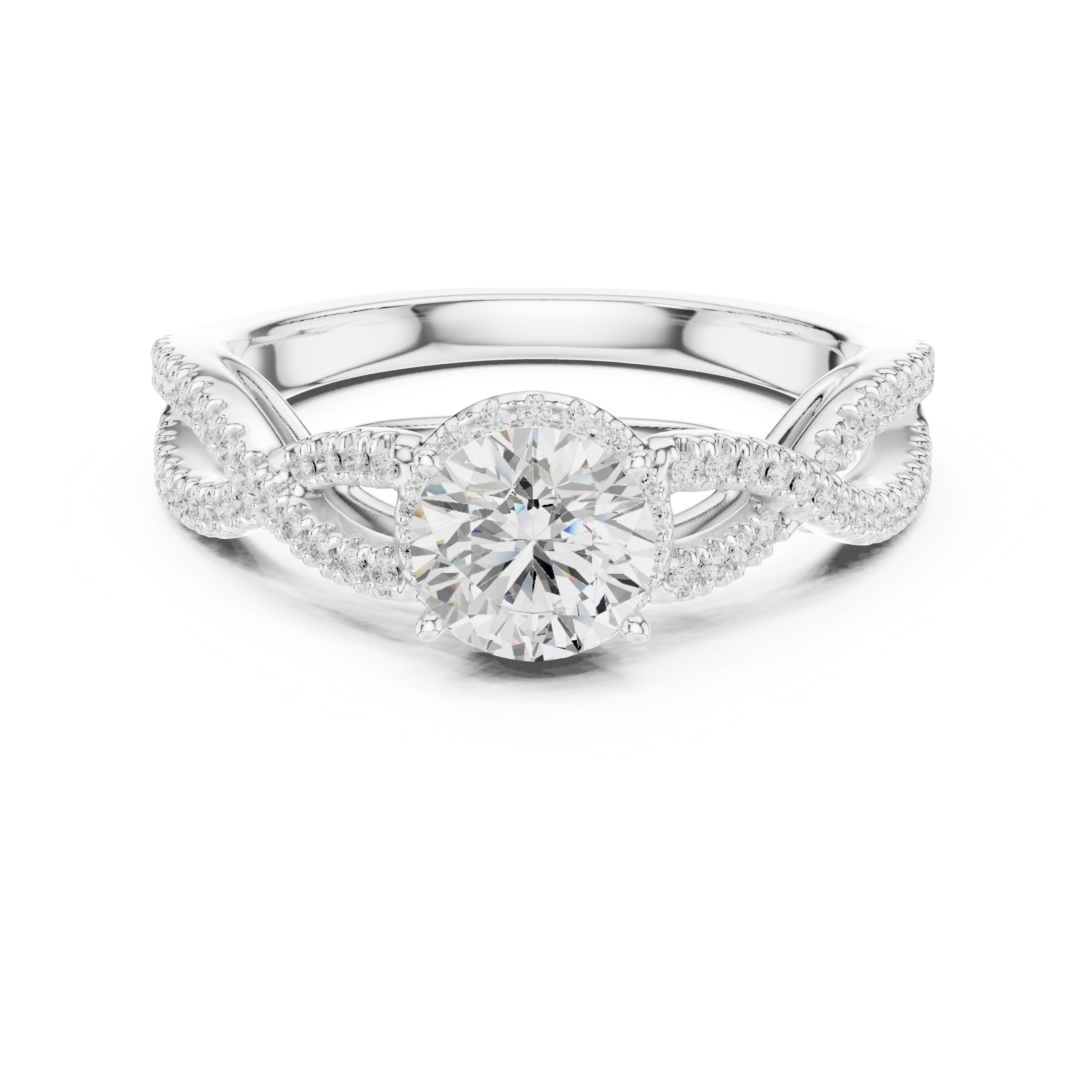 Infinity Twist Diamond Engagement Ring – Twisted Pavé Solitaire Bridal Ring with Round Center Stone