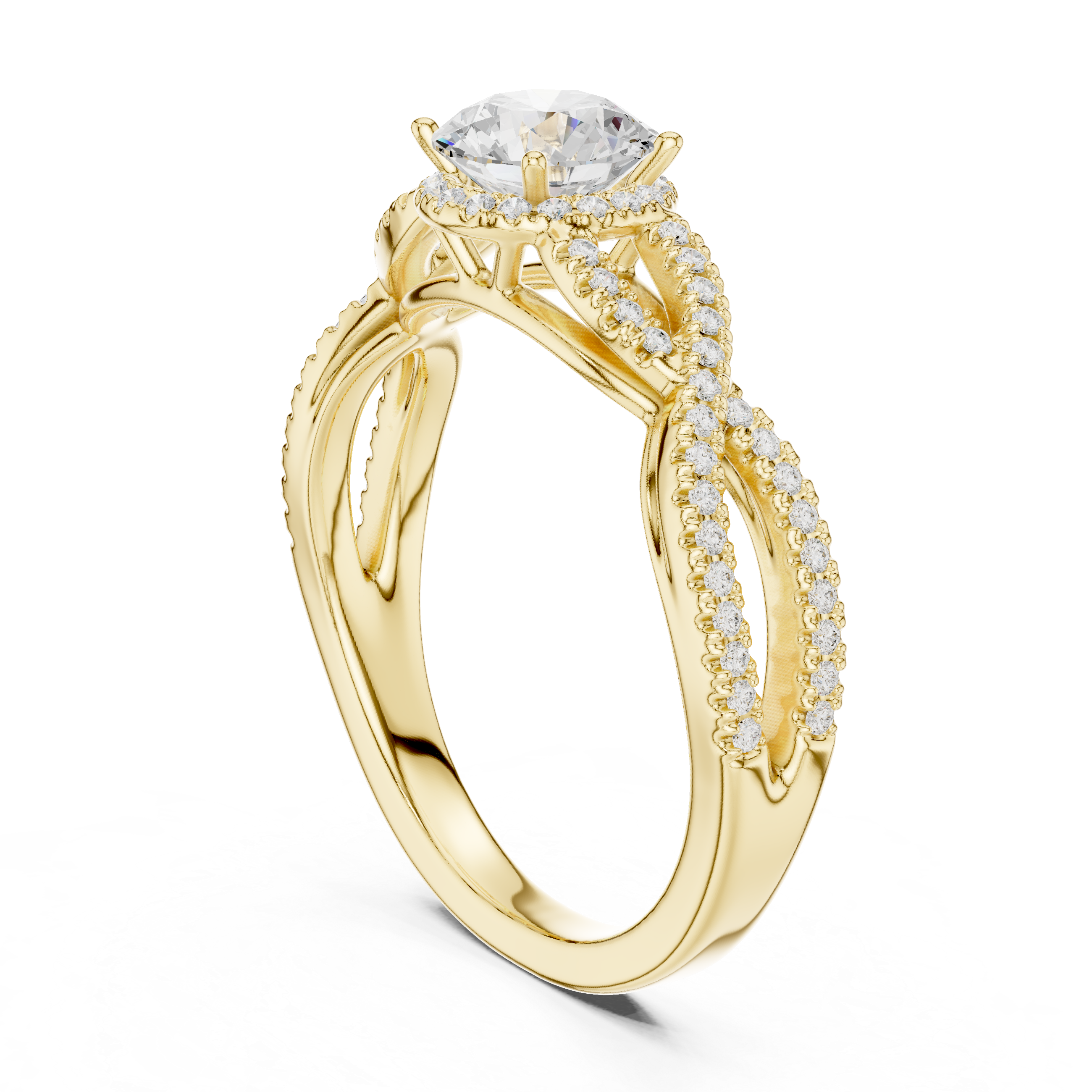 Infinity Twist Diamond Engagement Ring – Twisted Pavé Solitaire Bridal Ring with Round Center Stone