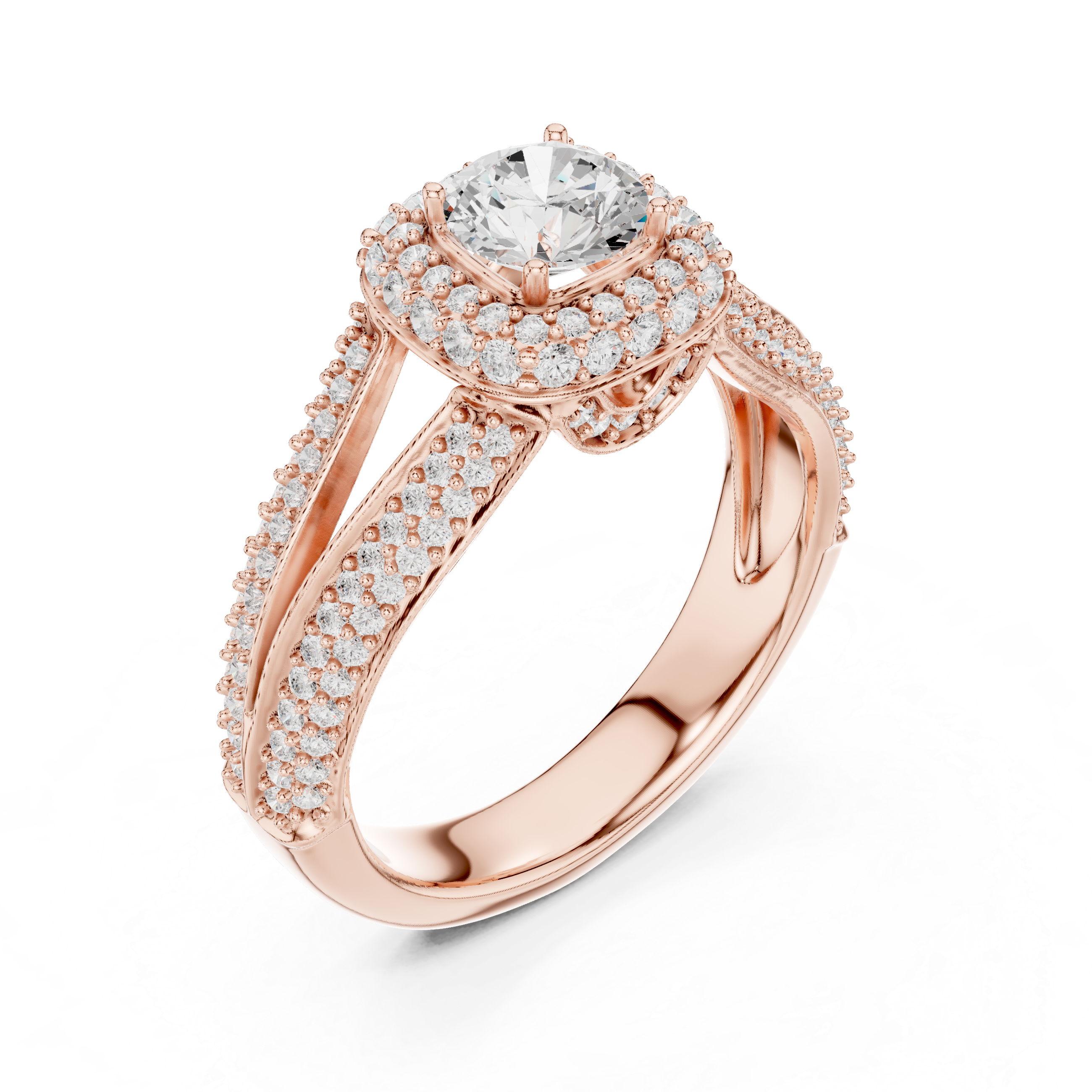 Double Split Shank Halo Engagement Ring – Cushion Halo Diamond Bridal Ring with Pavé Band