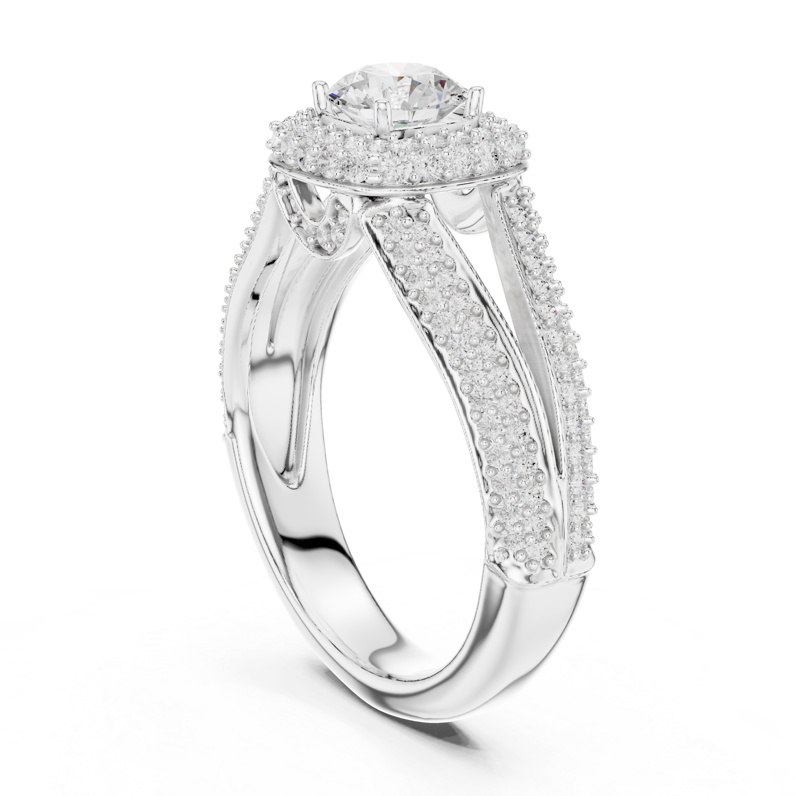 Double Split Shank Halo Engagement Ring – Cushion Halo Diamond Bridal Ring with Pavé Band