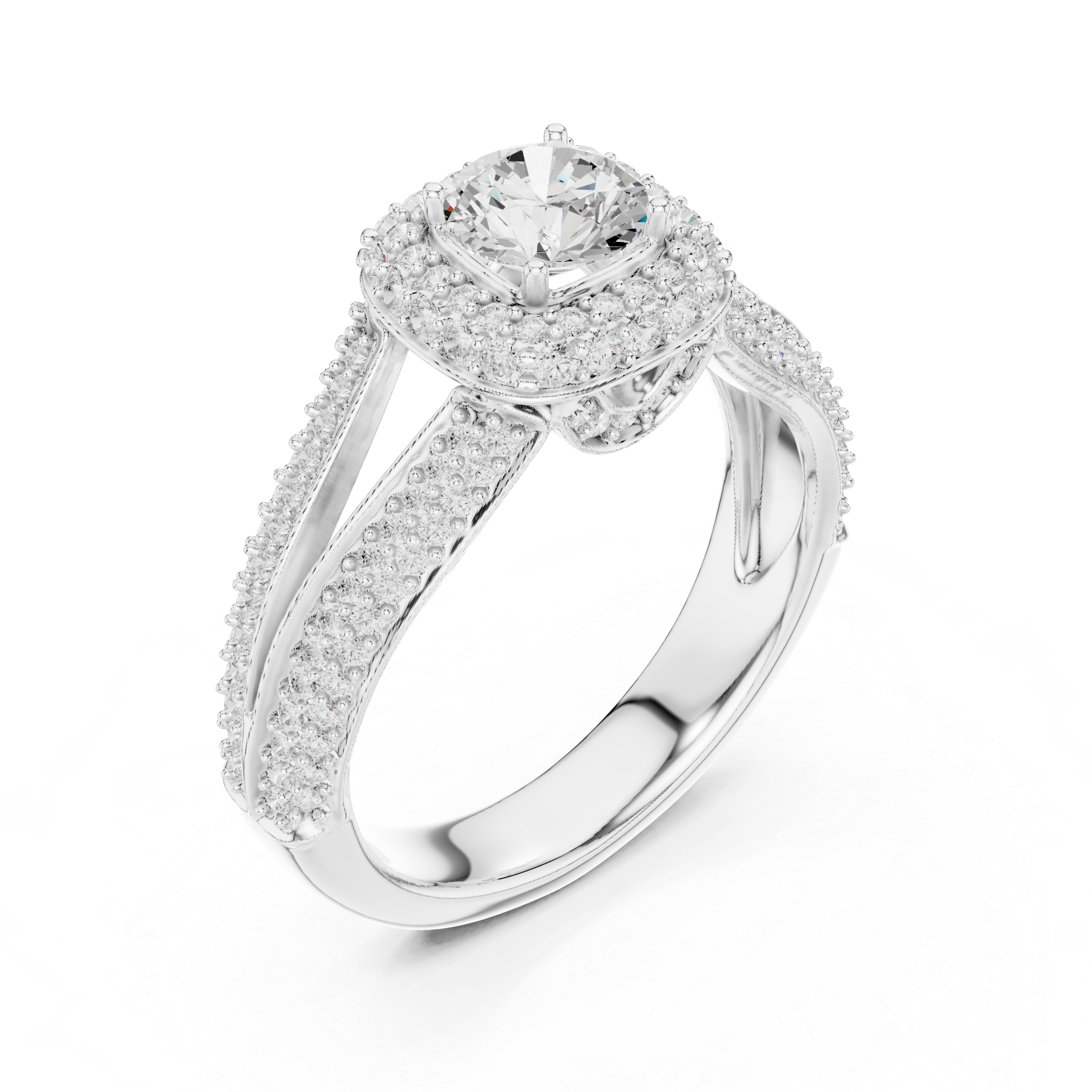 Double Split Shank Halo Engagement Ring – Cushion Halo Diamond Bridal Ring with Pavé Band