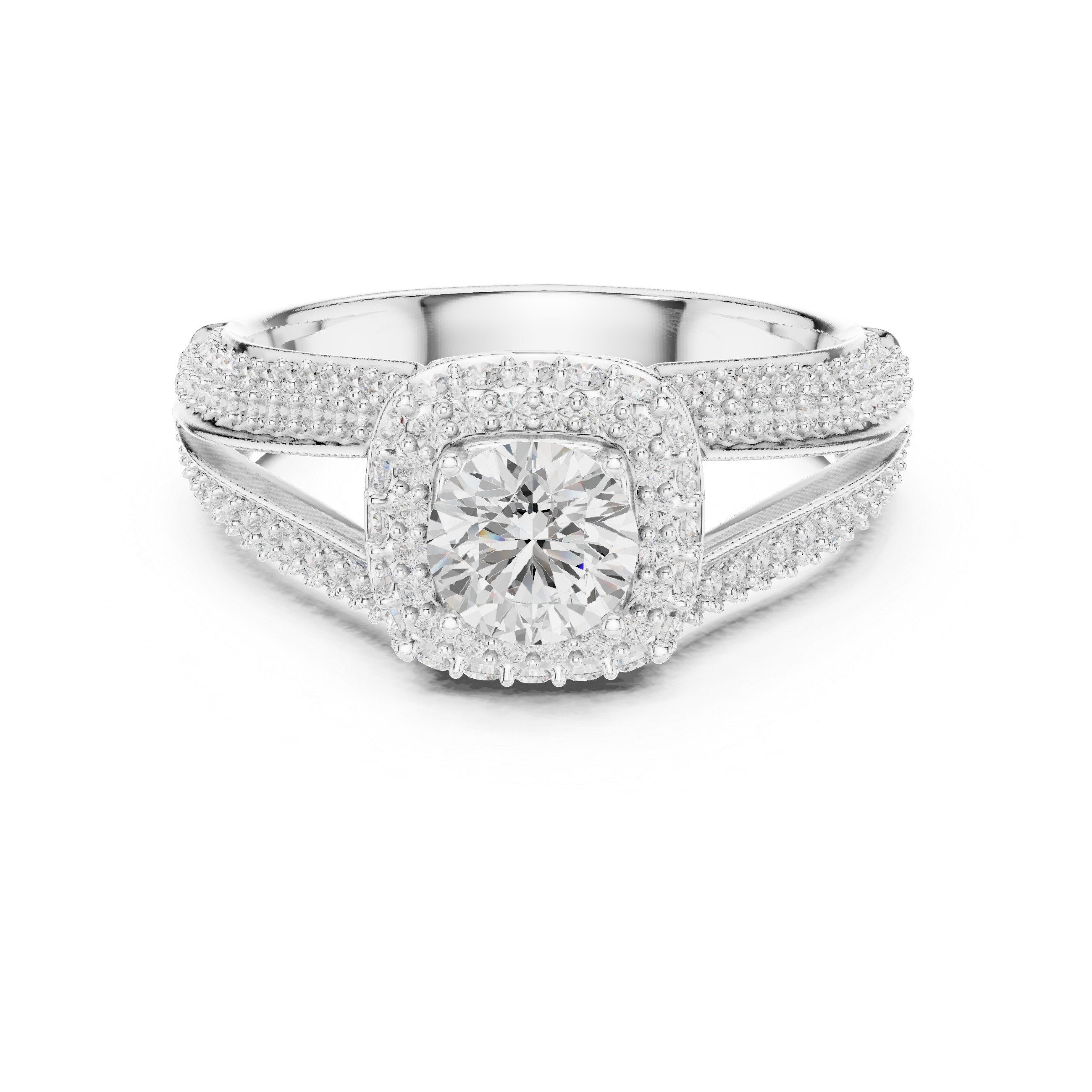 Double Split Shank Halo Engagement Ring – Cushion Halo Diamond Bridal Ring with Pavé Band