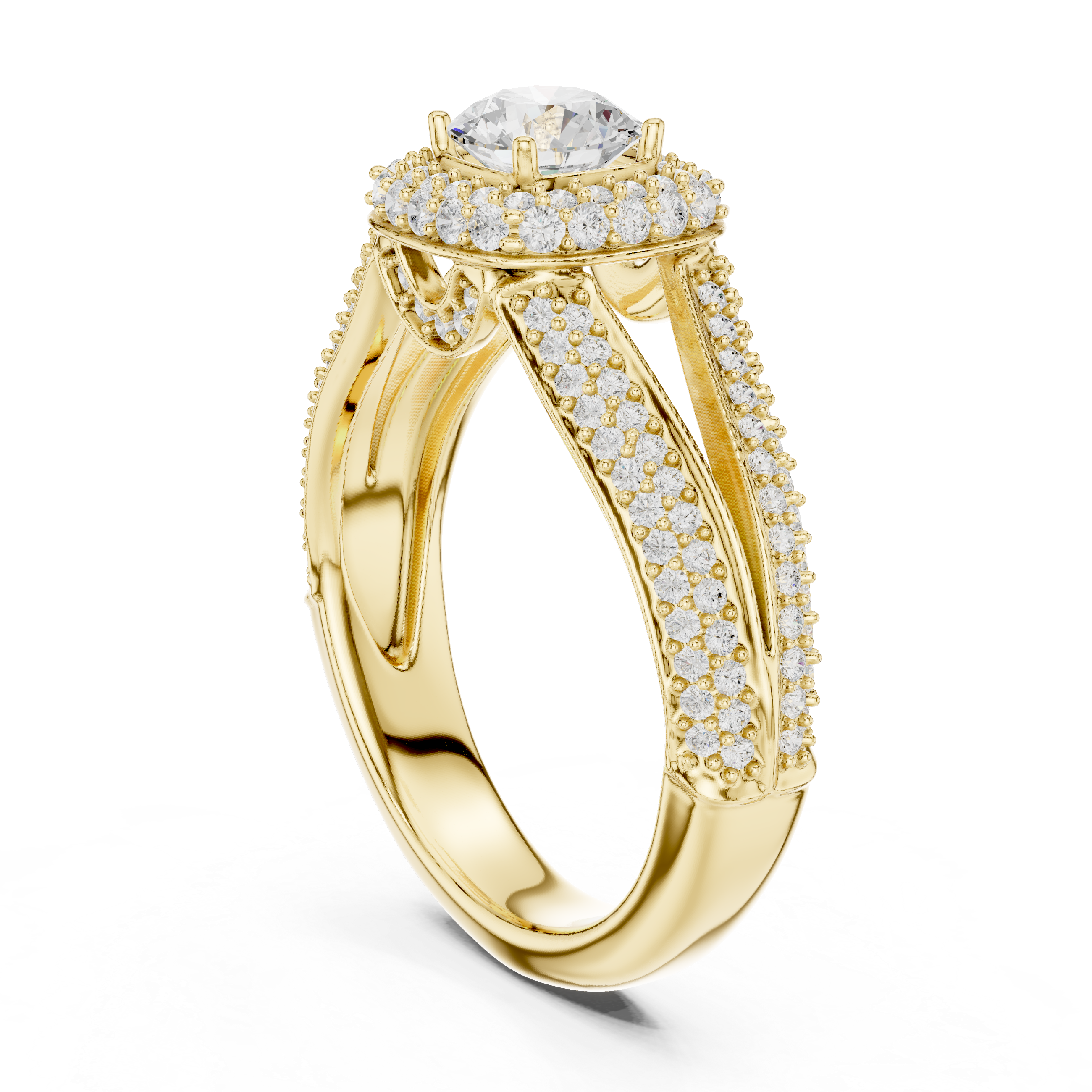 Double Split Shank Halo Engagement Ring – Cushion Halo Diamond Bridal Ring with Pavé Band