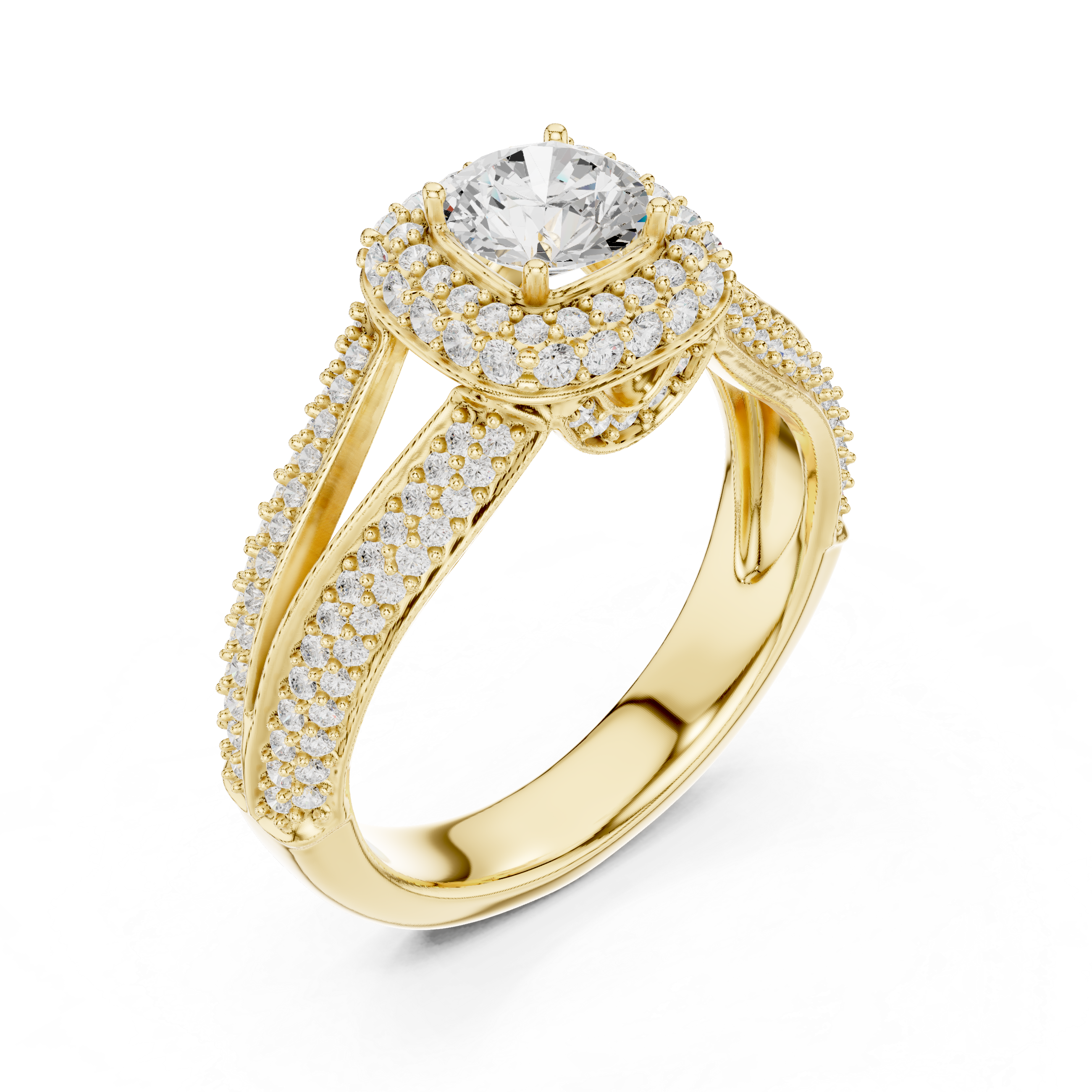 Double Split Shank Halo Engagement Ring – Cushion Halo Diamond Bridal Ring with Pavé Band