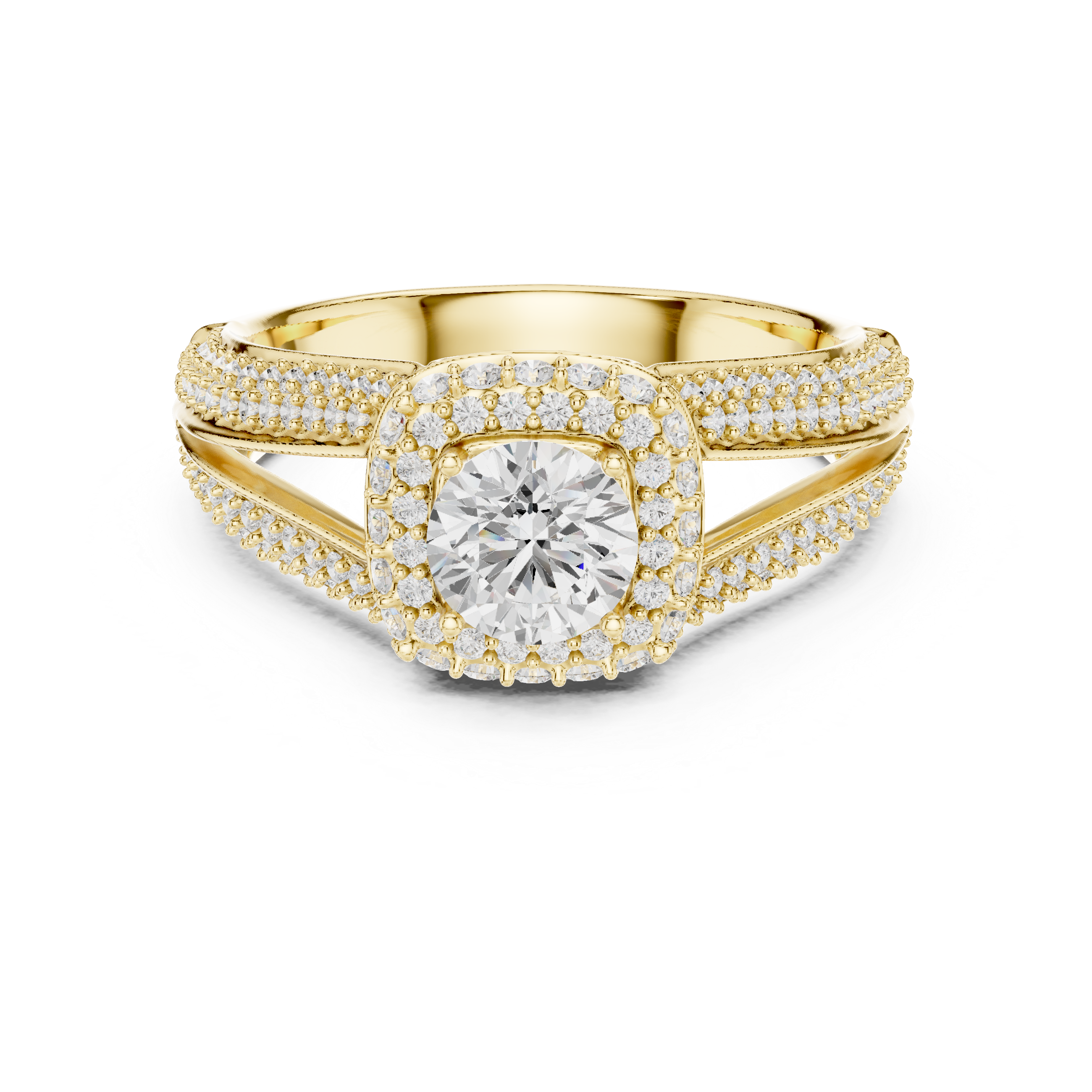 Double Split Shank Halo Engagement Ring – Cushion Halo Diamond Bridal Ring with Pavé Band