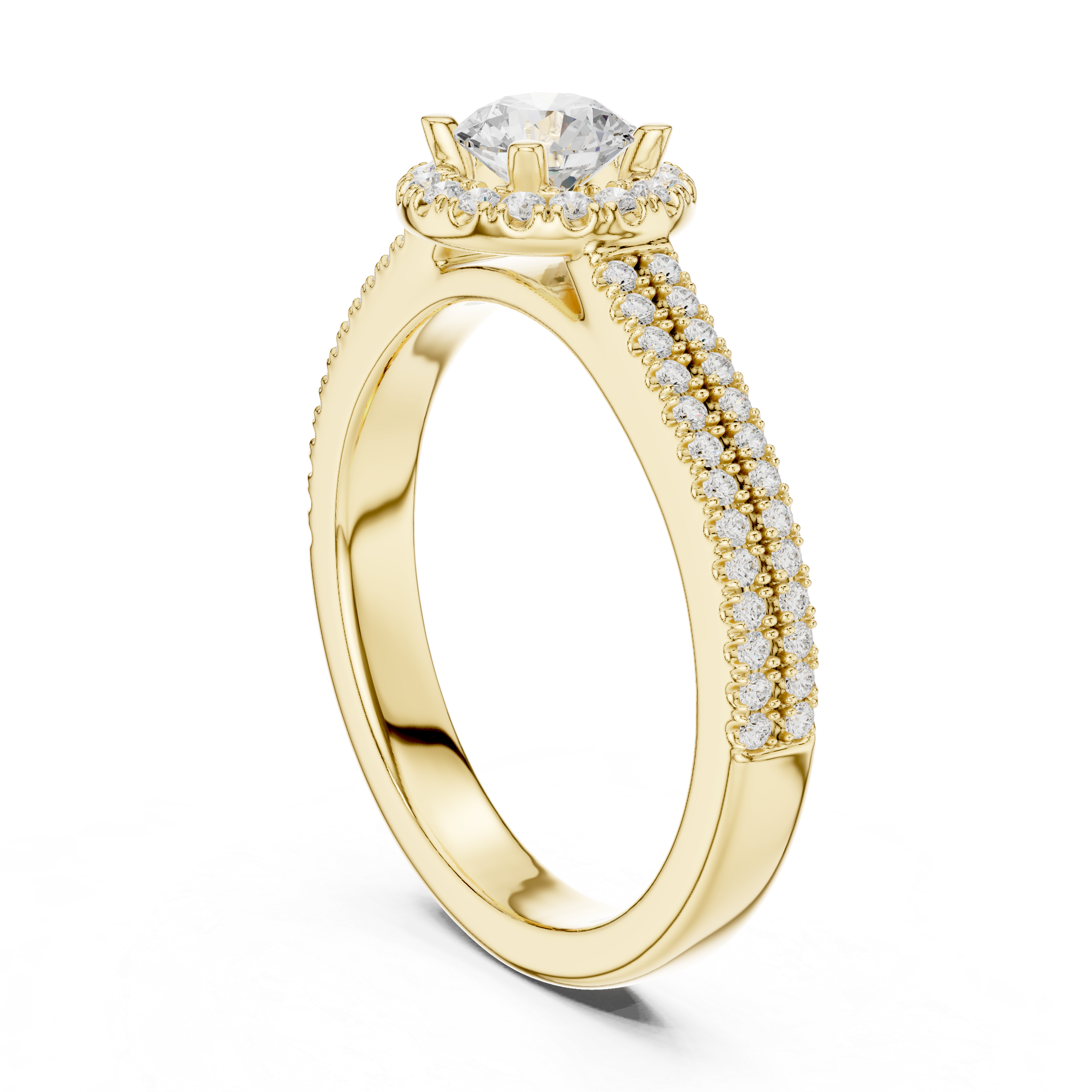 Double Pavé Halo Diamond Engagement Ring – Round Solitaire Bridal Ring with Split Pavé Band