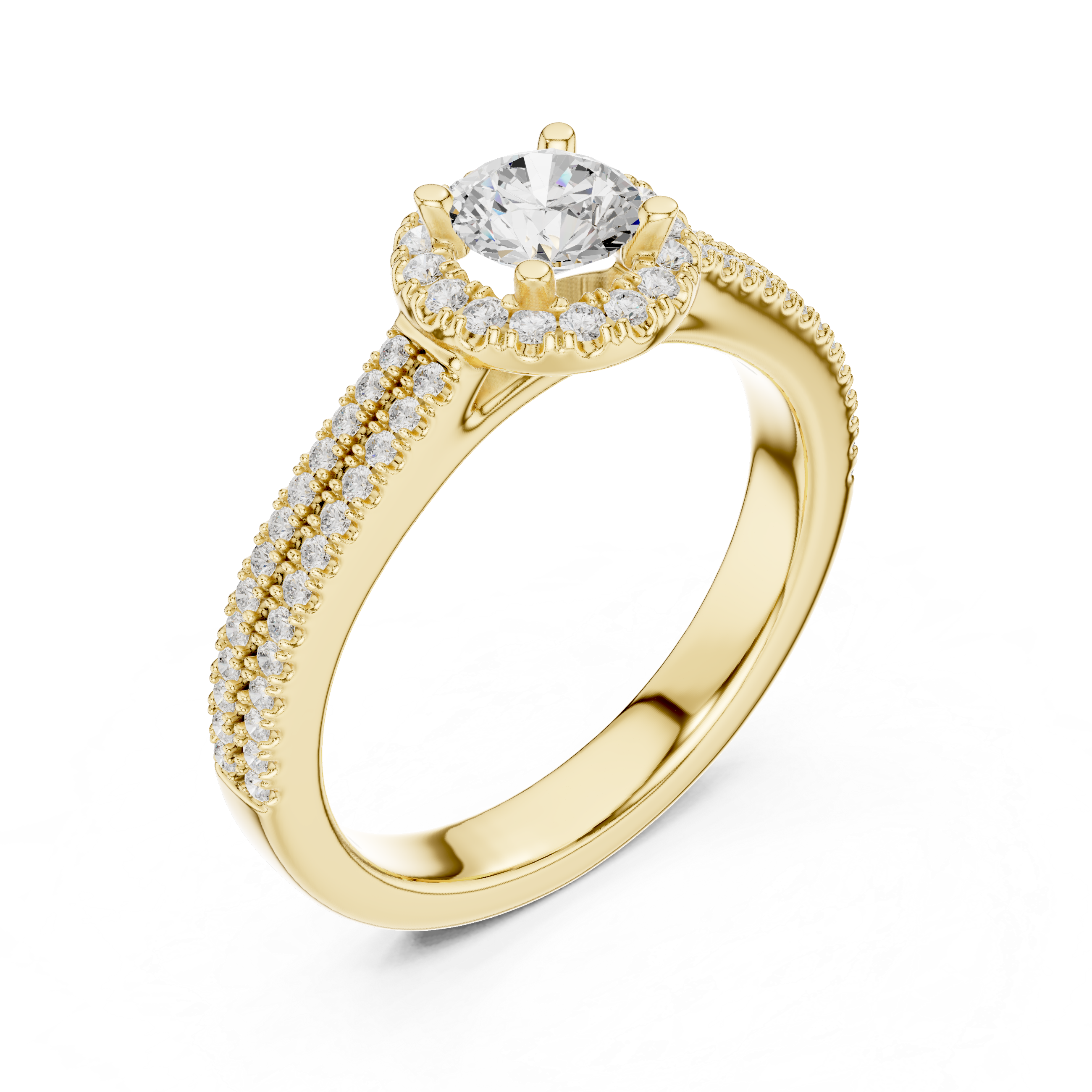 Double Pavé Halo Diamond Engagement Ring – Round Solitaire Bridal Ring with Split Pavé Band