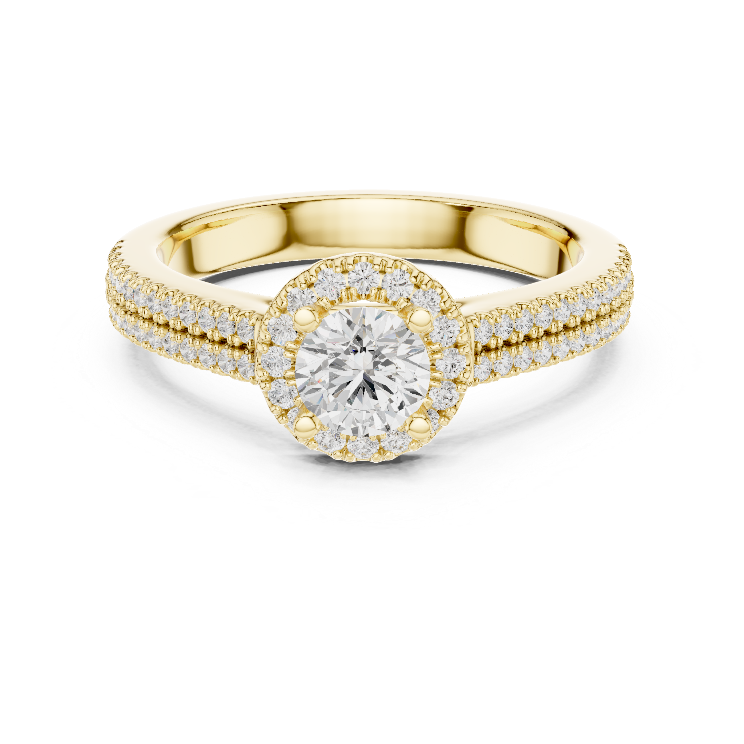 Double Pavé Halo Diamond Engagement Ring – Round Solitaire Bridal Ring with Split Pavé Band