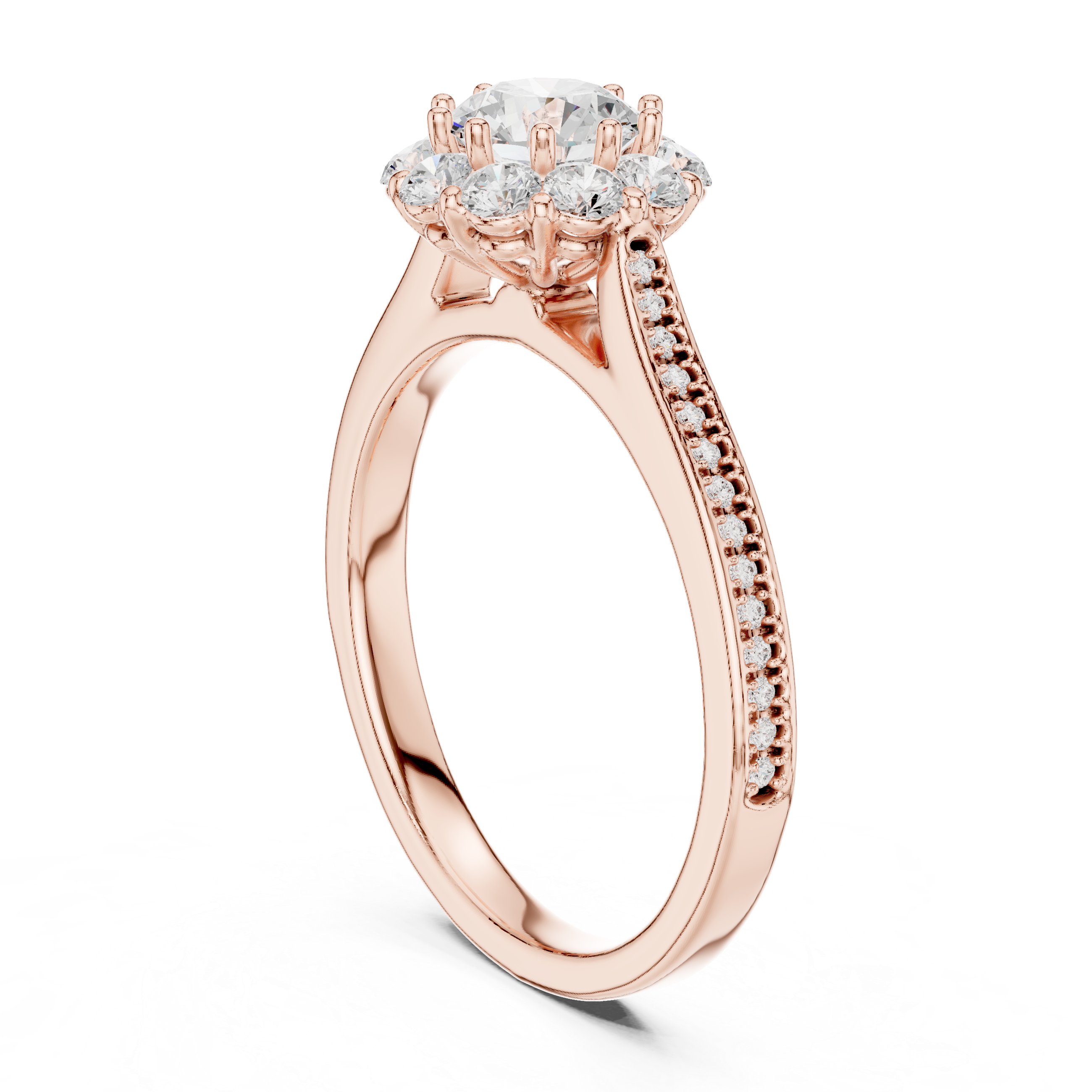 Floral Halo Diamond Engagement Ring – Round Cluster Bridal Ring with Pavé Band