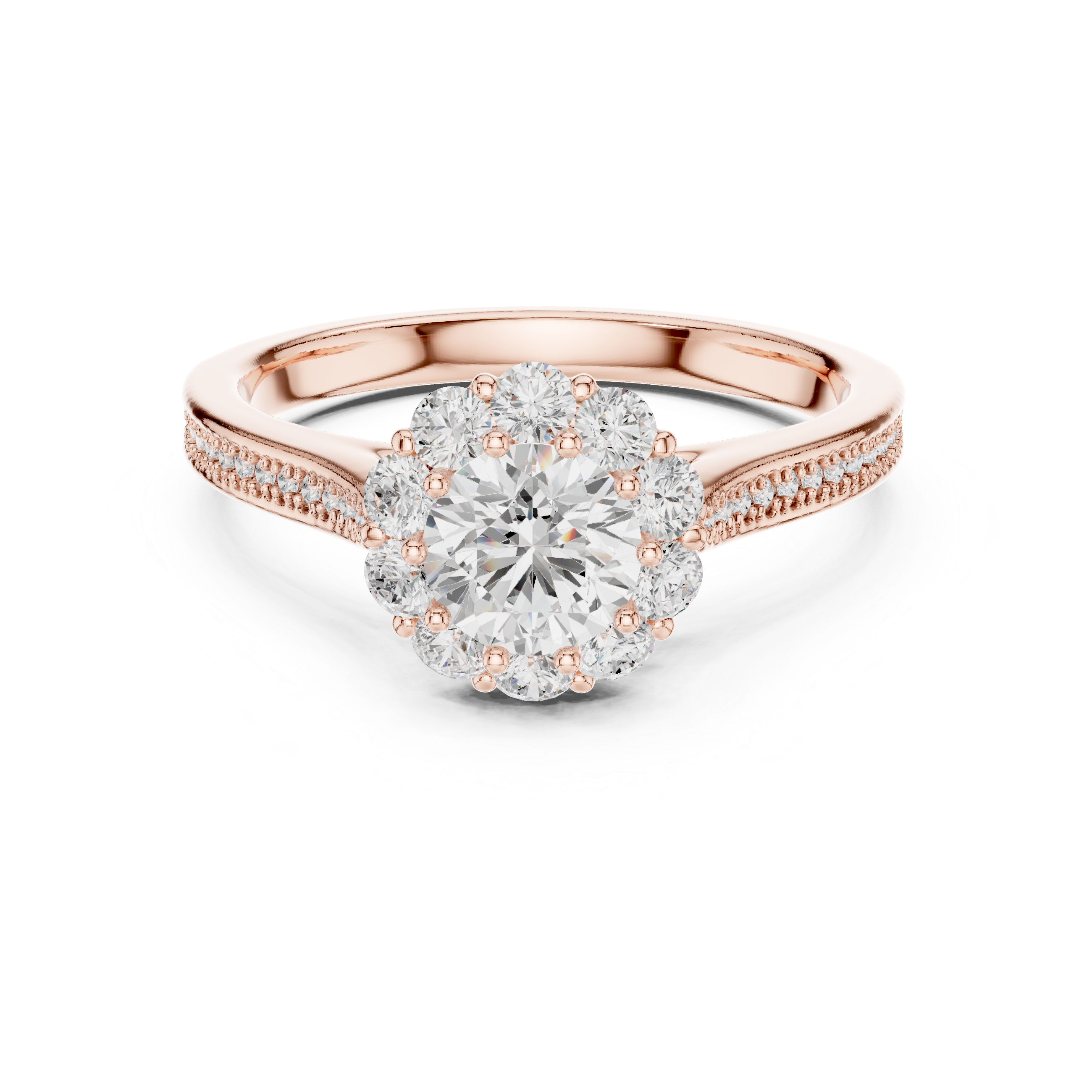 Floral Halo Diamond Engagement Ring – Round Cluster Bridal Ring with Pavé Band