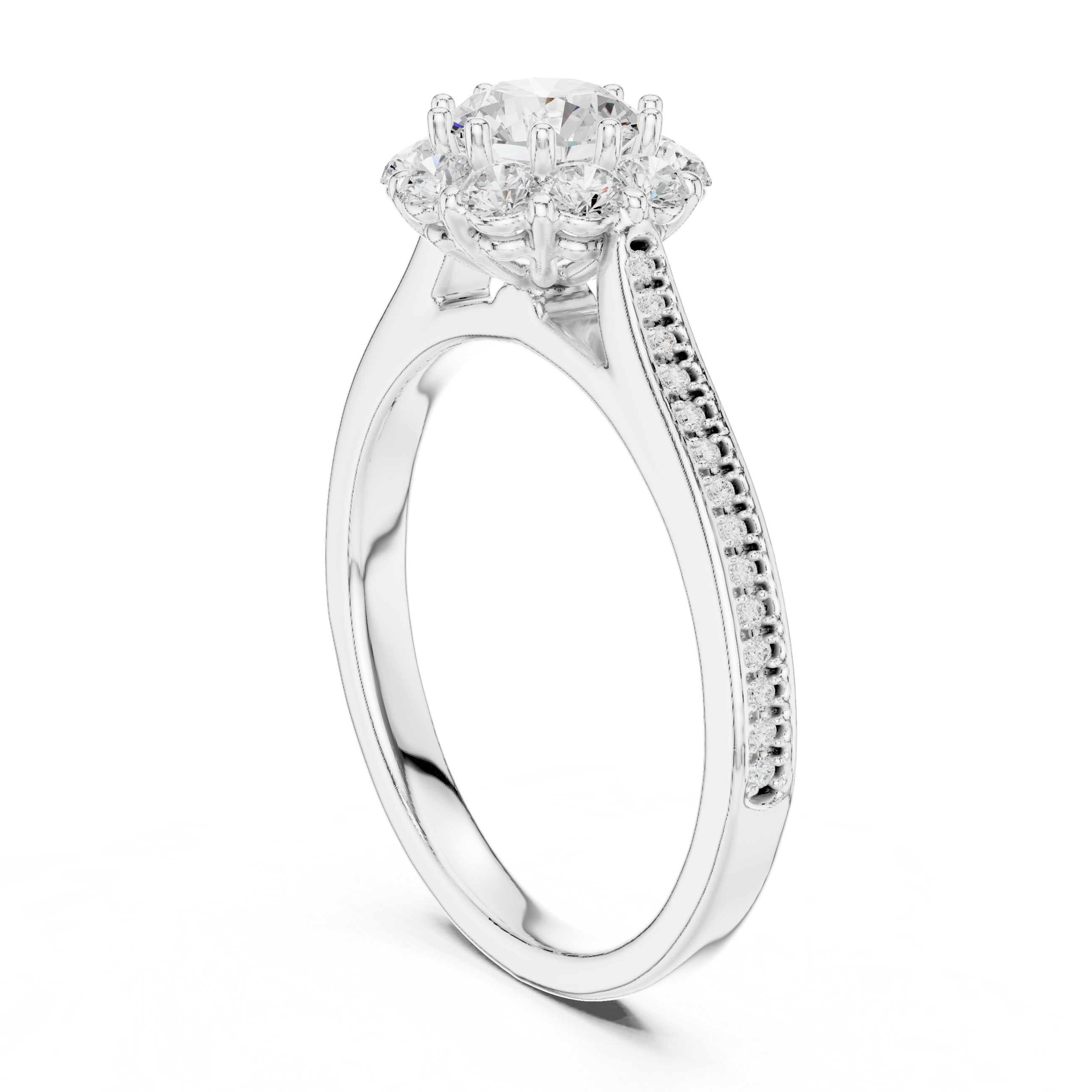 Floral Halo Diamond Engagement Ring – Round Cluster Bridal Ring with Pavé Band