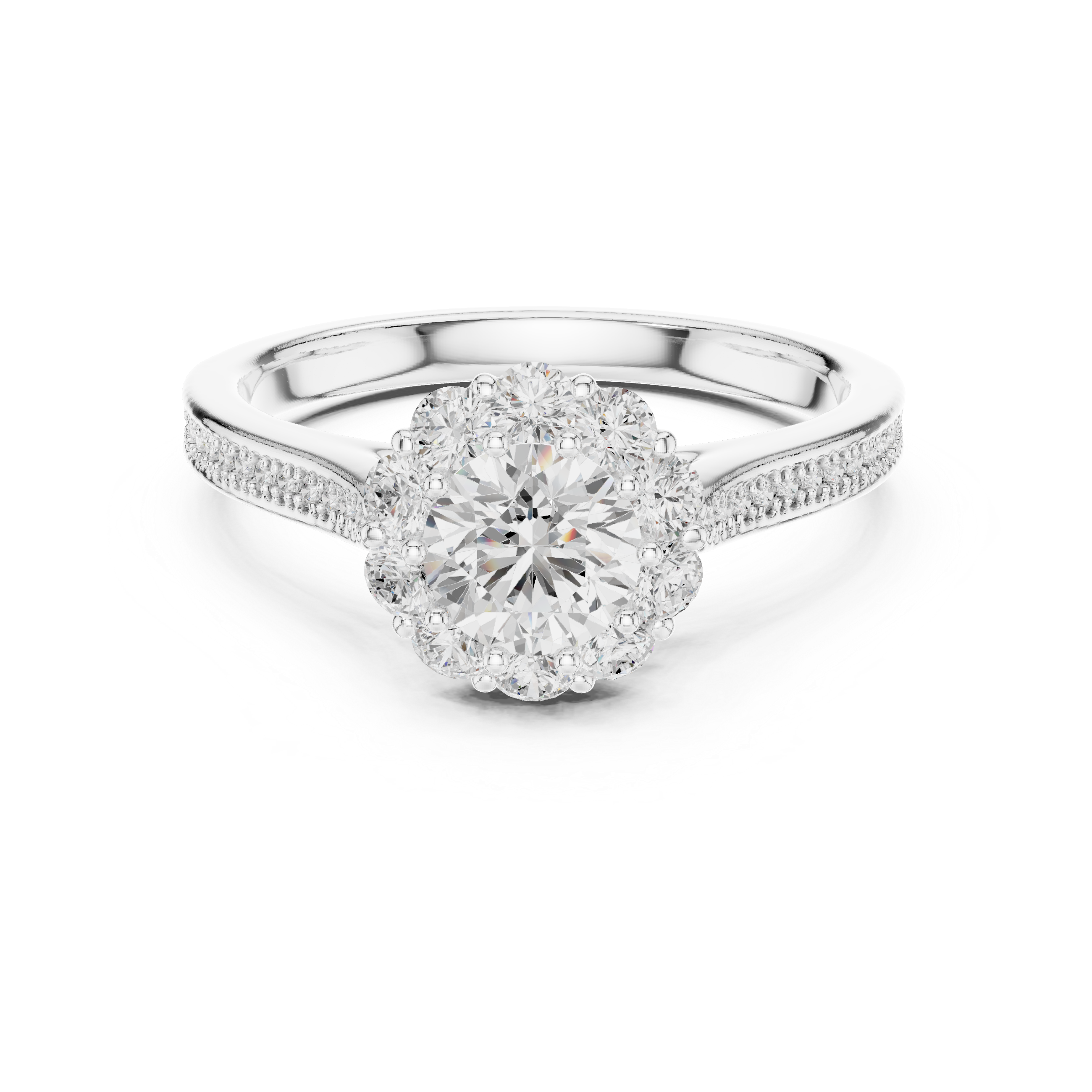 Floral Halo Diamond Engagement Ring – Round Cluster Bridal Ring with Pavé Band