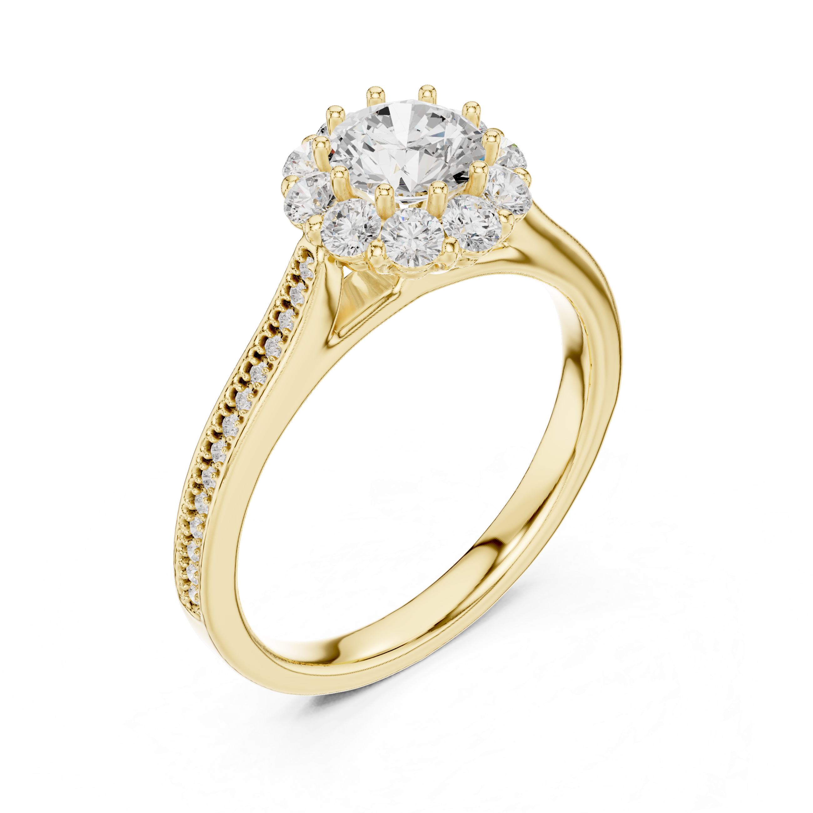 Floral Halo Diamond Engagement Ring – Round Cluster Bridal Ring with Pavé Band