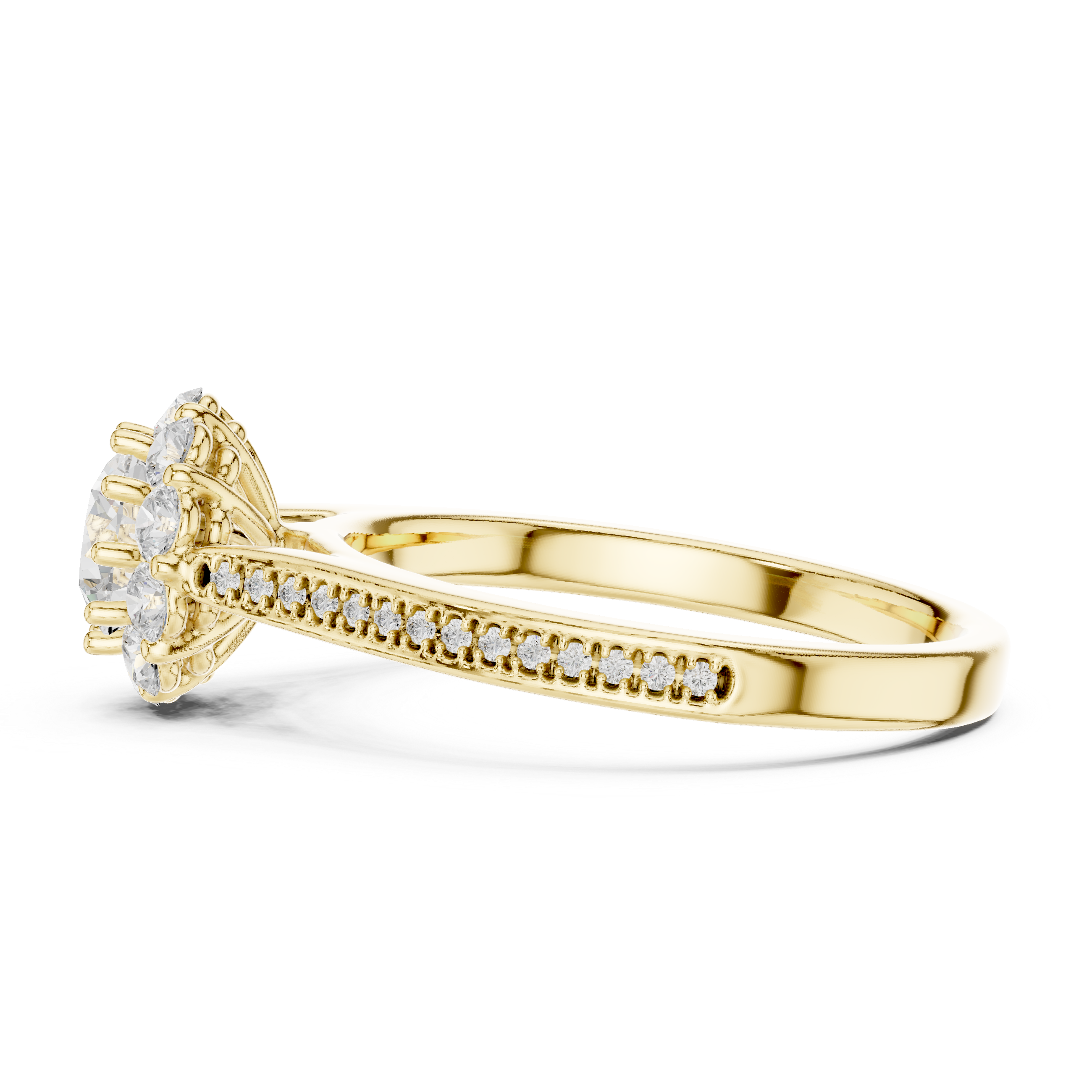 Floral Halo Diamond Engagement Ring – Round Cluster Bridal Ring with Pavé Band