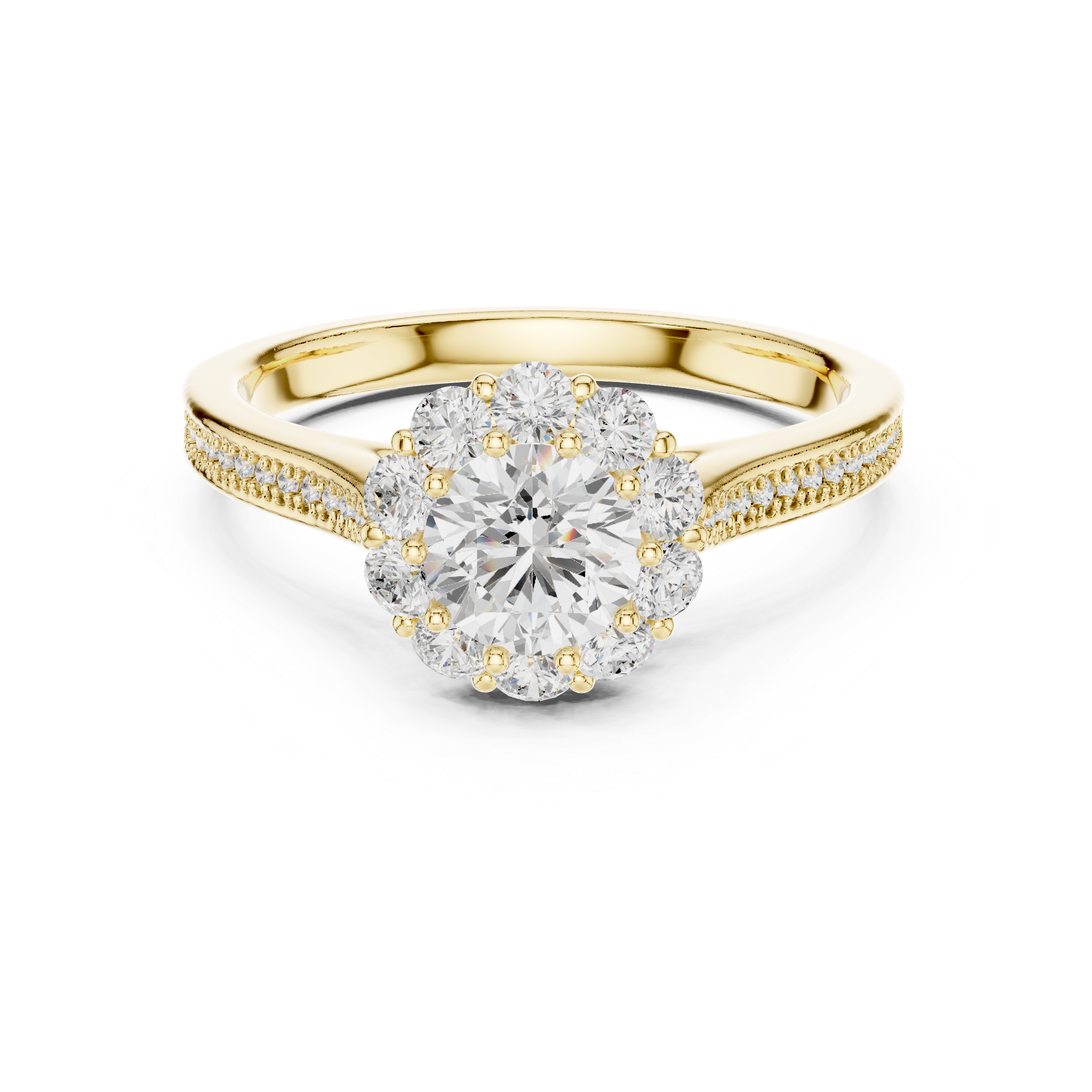 Floral Halo Diamond Engagement Ring – Round Cluster Bridal Ring with Pavé Band