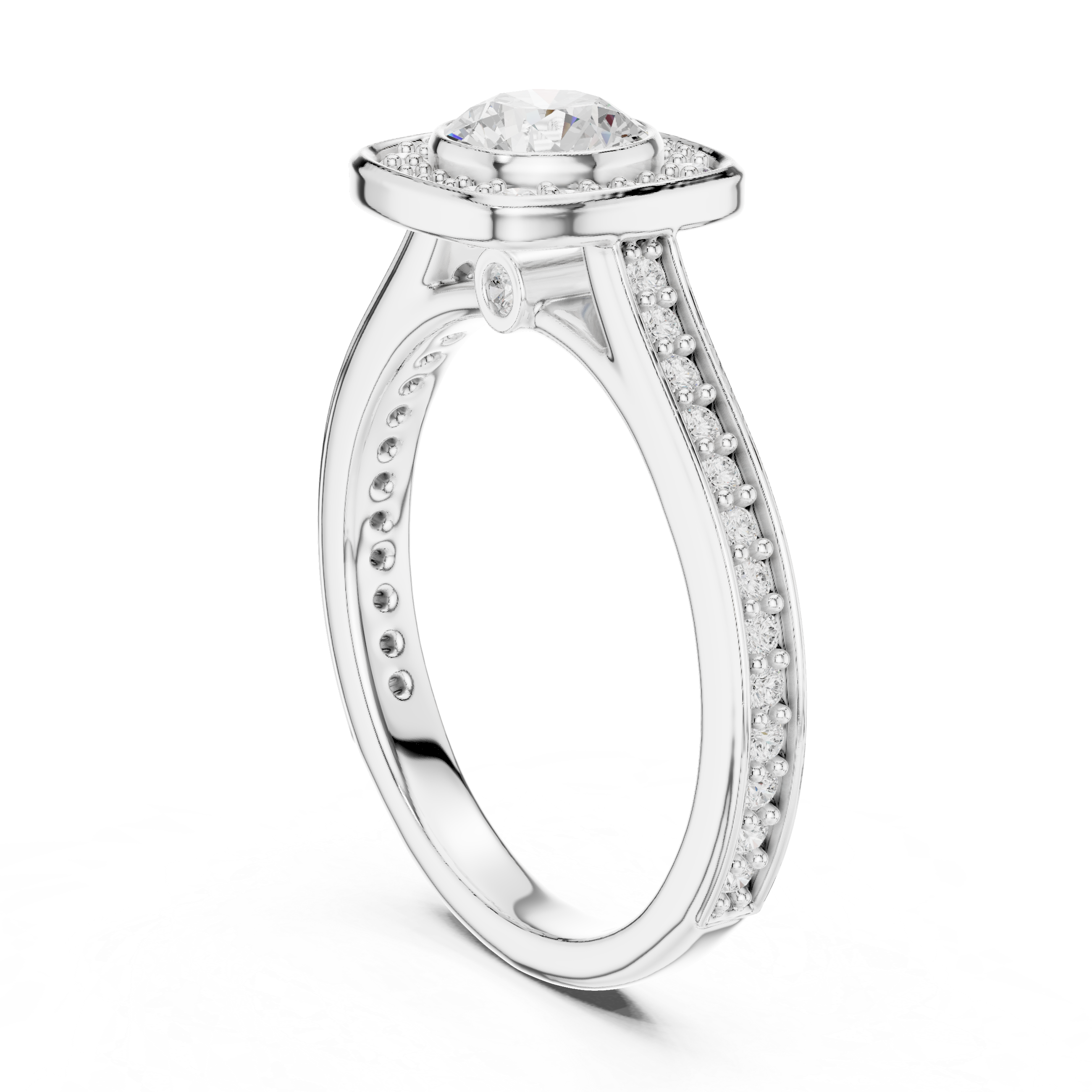Cushion Halo Diamond Engagement Ring – Double Pavé Split Shank Bridal Ring