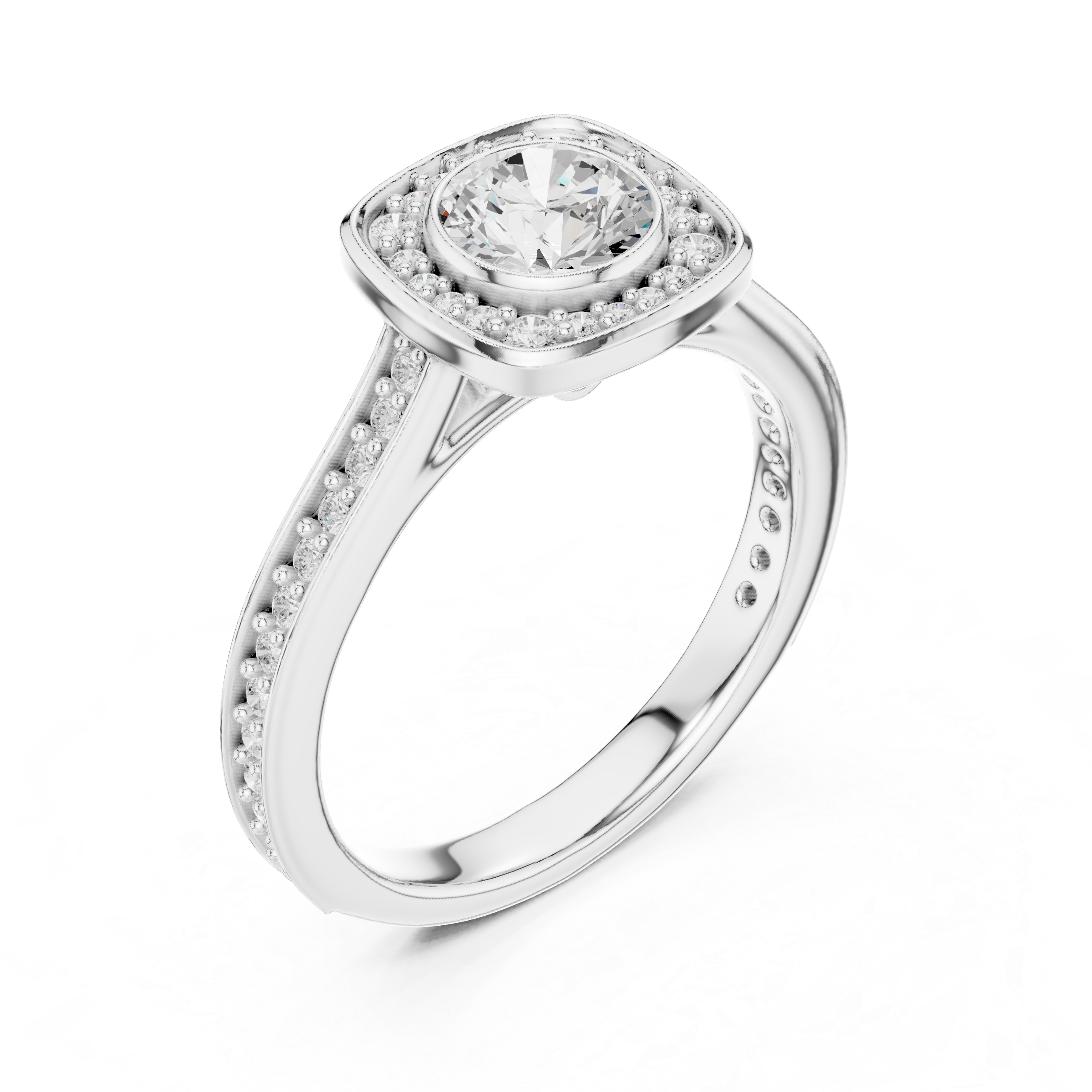 Cushion Halo Diamond Engagement Ring – Double Pavé Split Shank Bridal Ring