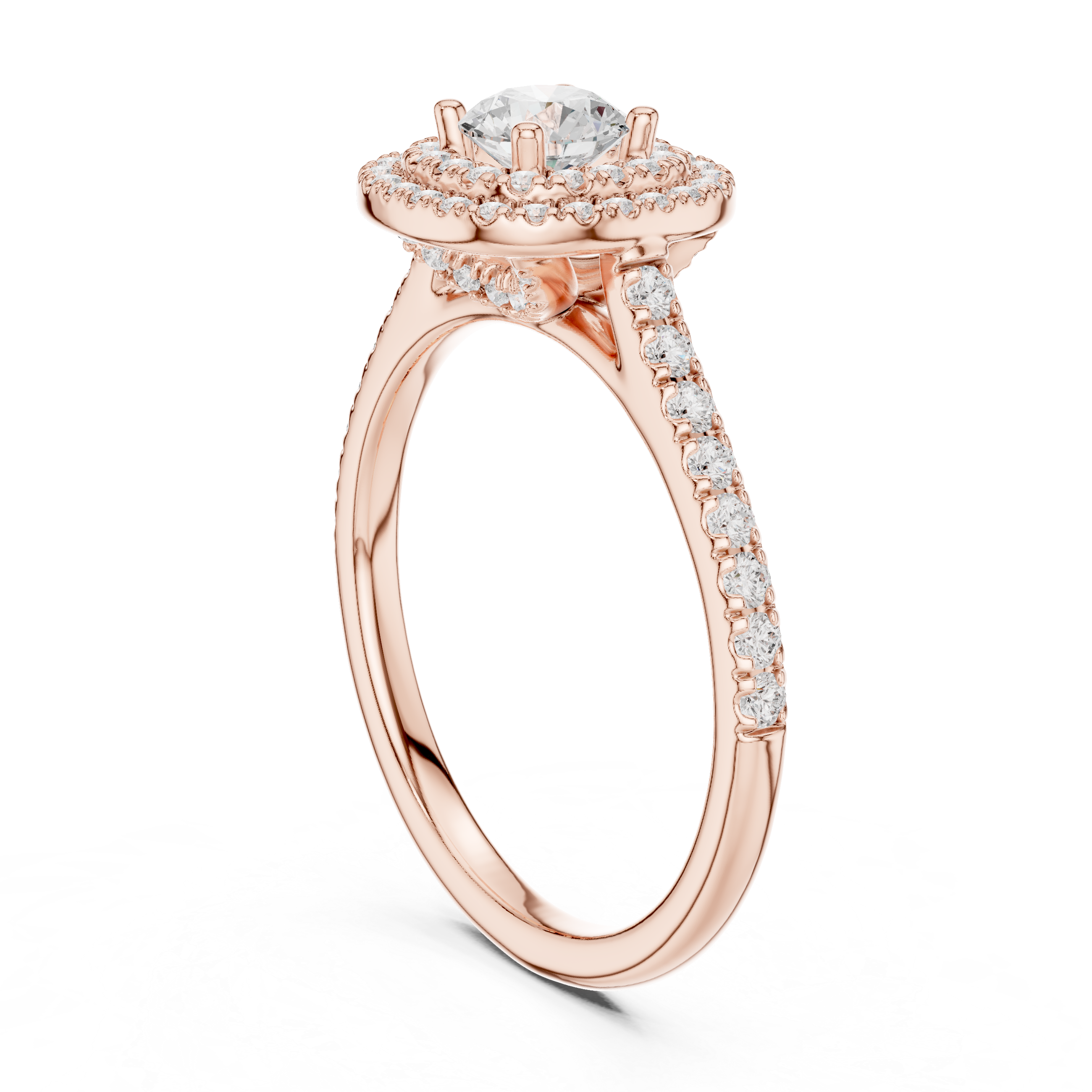 Double Halo Round Diamond Engagement Ring – Pavé Bridal Ring with Hidden Gallery